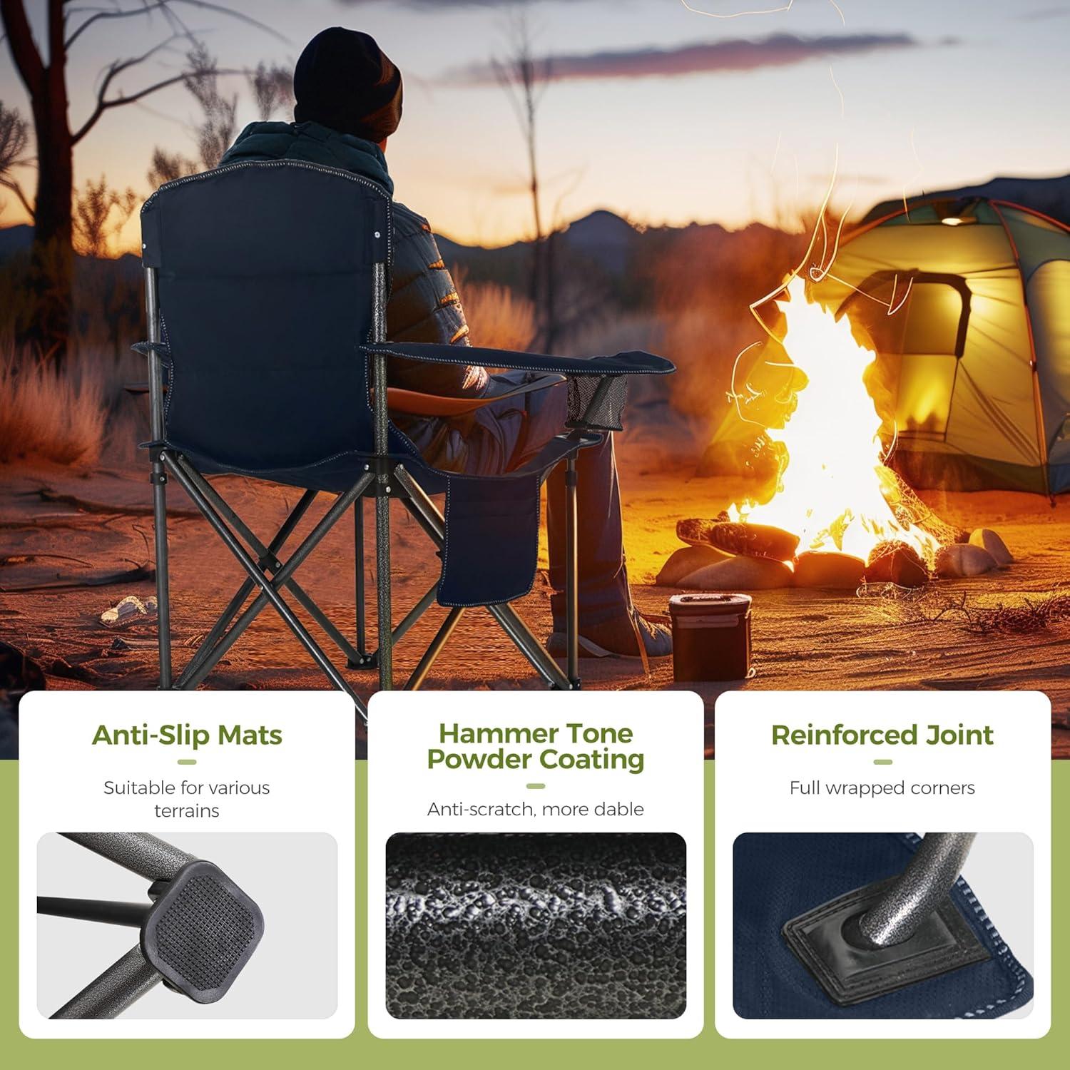 image:imageALPHA CAMP Heavy Duty Camping Chair 500LBS Capacity Oversized Folding Chair for Heavy People Padded Portable Outdoor Chair with Cooler Bag amp Cup Holder for Camping Fishing BeachNavy Blue2pc