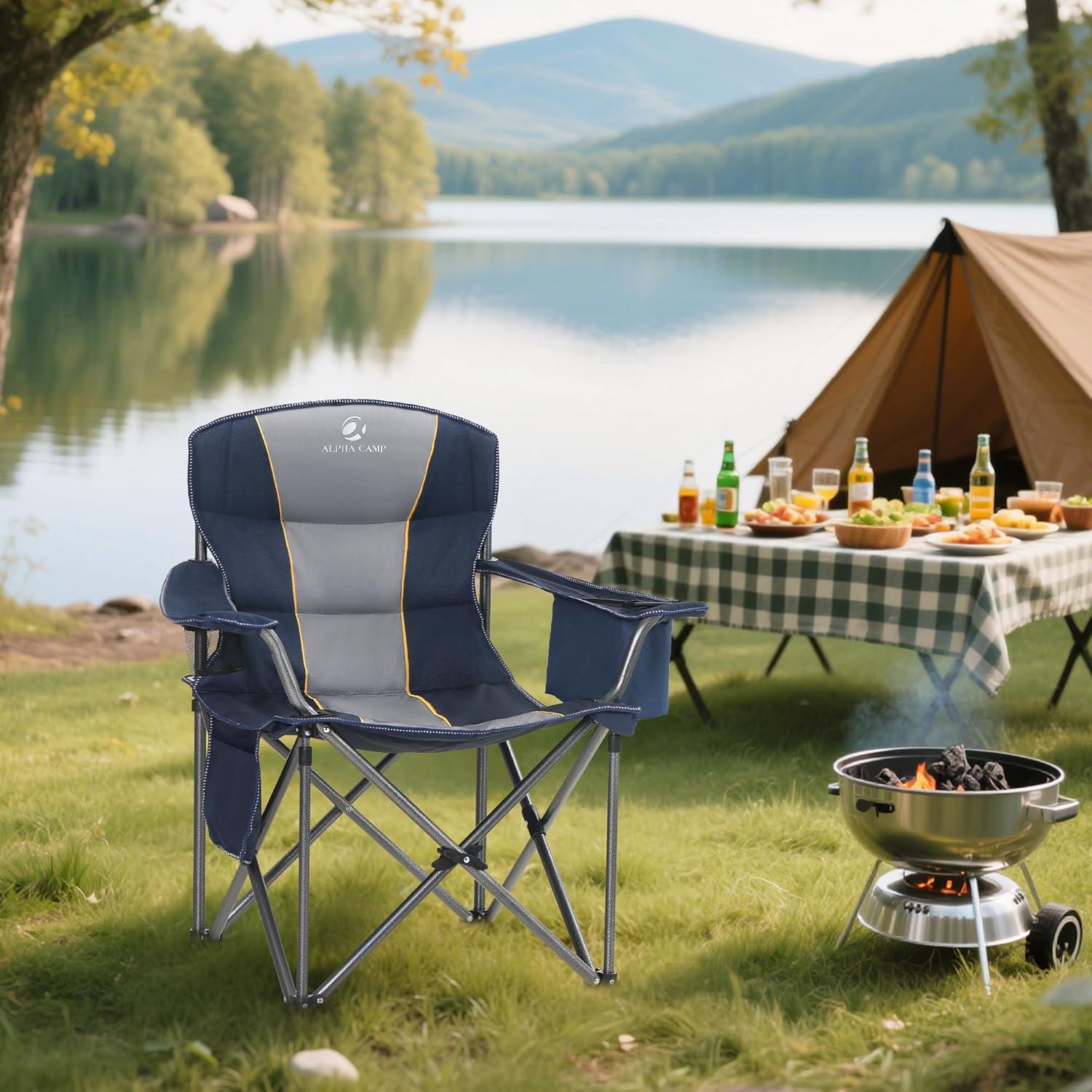 image:imageALPHA CAMP Heavy Duty Camping Chair 500LBS Capacity Oversized Folding Chair for Heavy People Padded Portable Outdoor Chair with Cooler Bag amp Cup Holder for Camping Fishing BeachNavy Blue