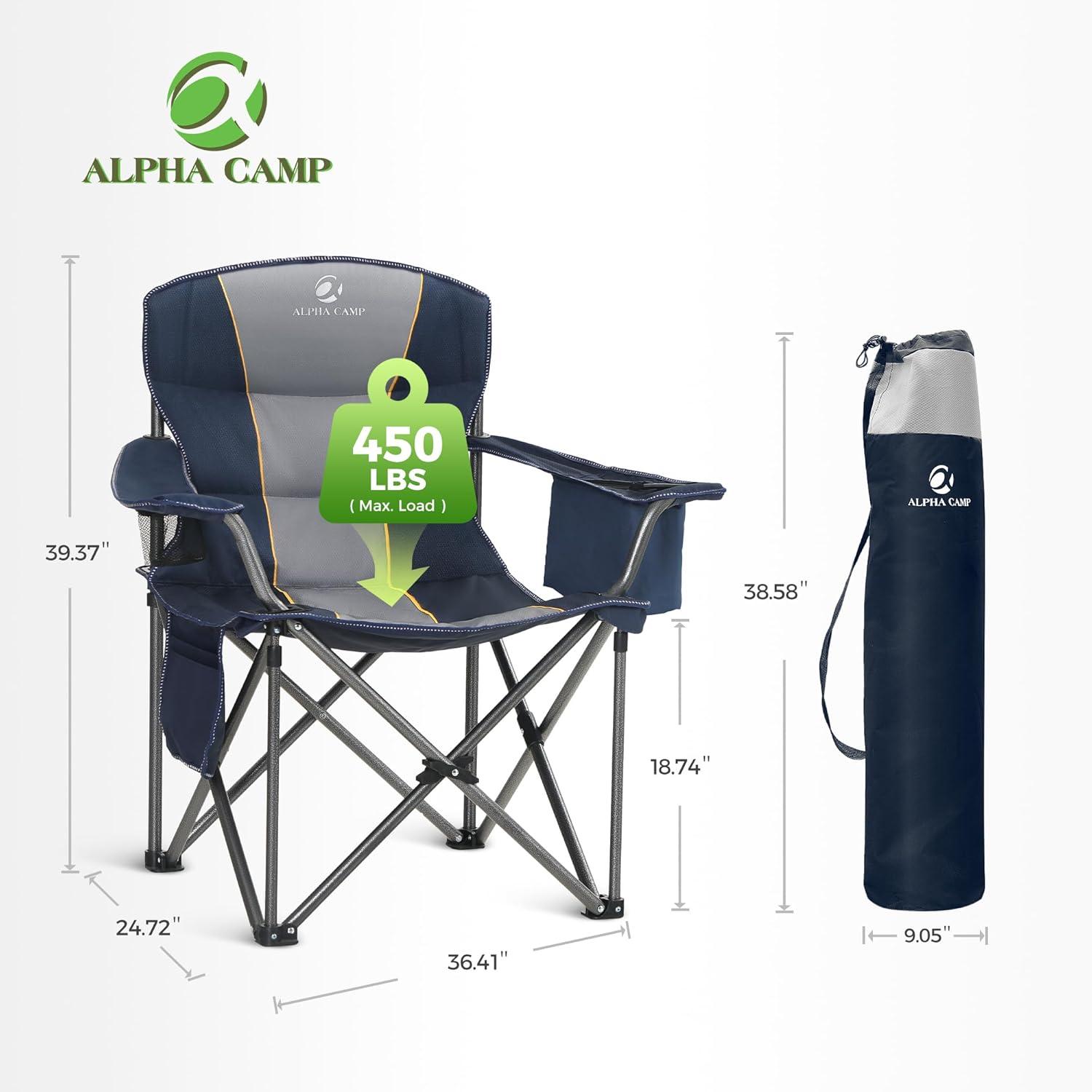 image:imageALPHA CAMP Heavy Duty Camping Chair 500LBS Capacity Oversized Folding Chair for Heavy People Padded Portable Outdoor Chair with Cooler Bag amp Cup Holder for Camping Fishing BeachNavy Blue2pc