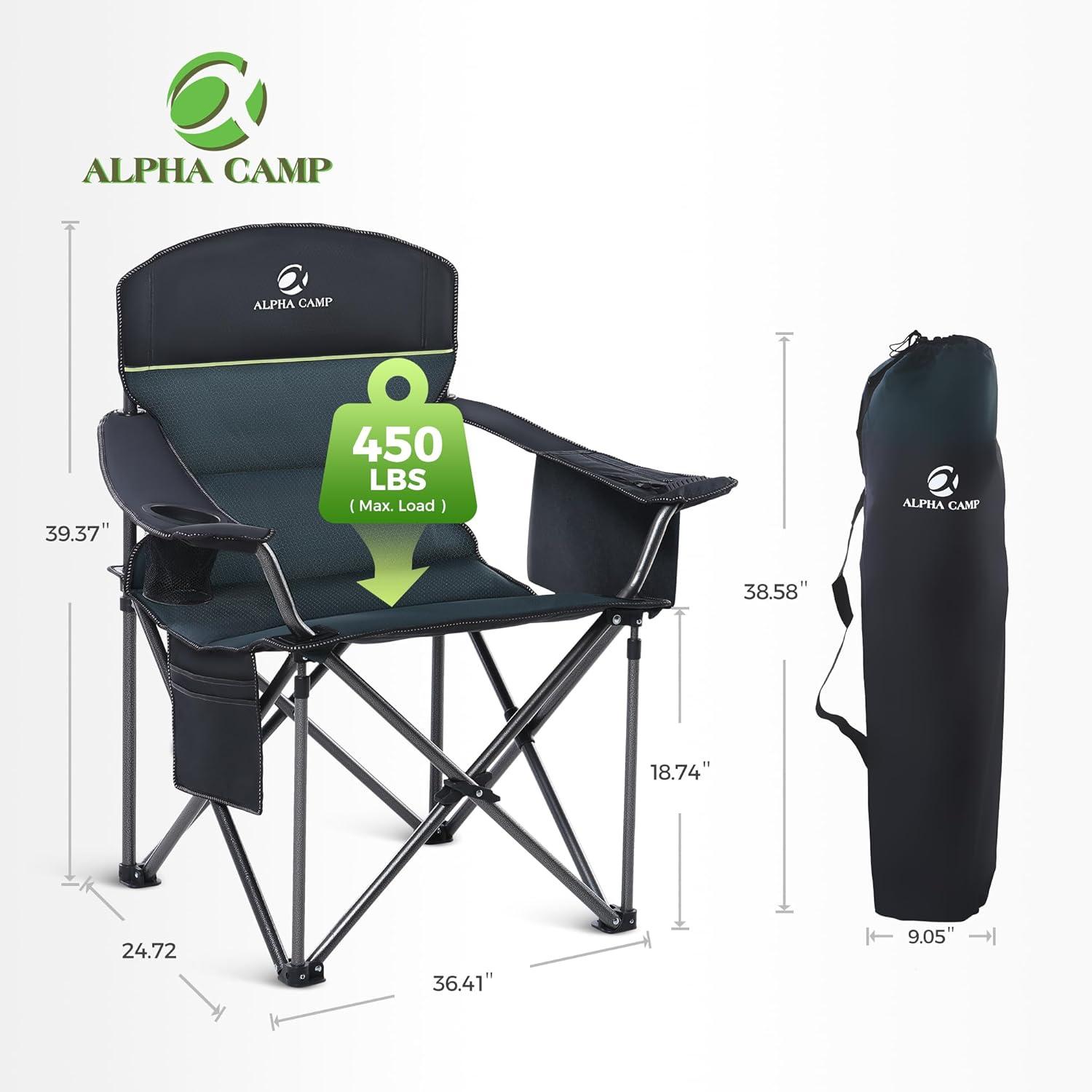 image:imageALPHA CAMP Heavy Duty Camping Chair 500LBS Capacity Oversized Folding Chair for Heavy People Padded Portable Outdoor Chair with Cooler Bag amp Cup Holder for Camping Fishing BeachGreen