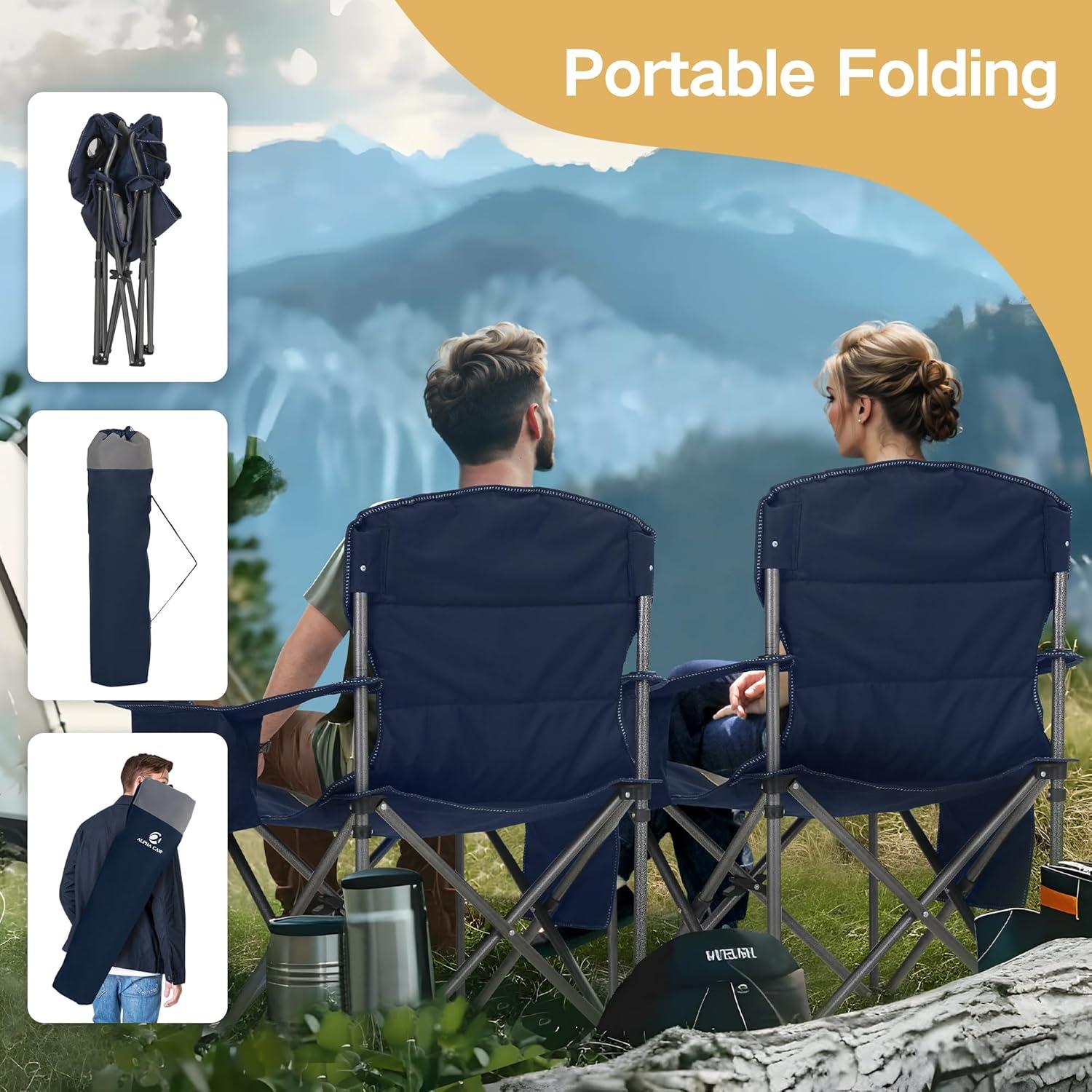 image:imageALPHA CAMP Heavy Duty Camping Chair 500LBS Capacity Oversized Folding Chair for Heavy People Padded Portable Outdoor Chair with Cooler Bag amp Cup Holder for Camping Fishing BeachNavy Blue2pc