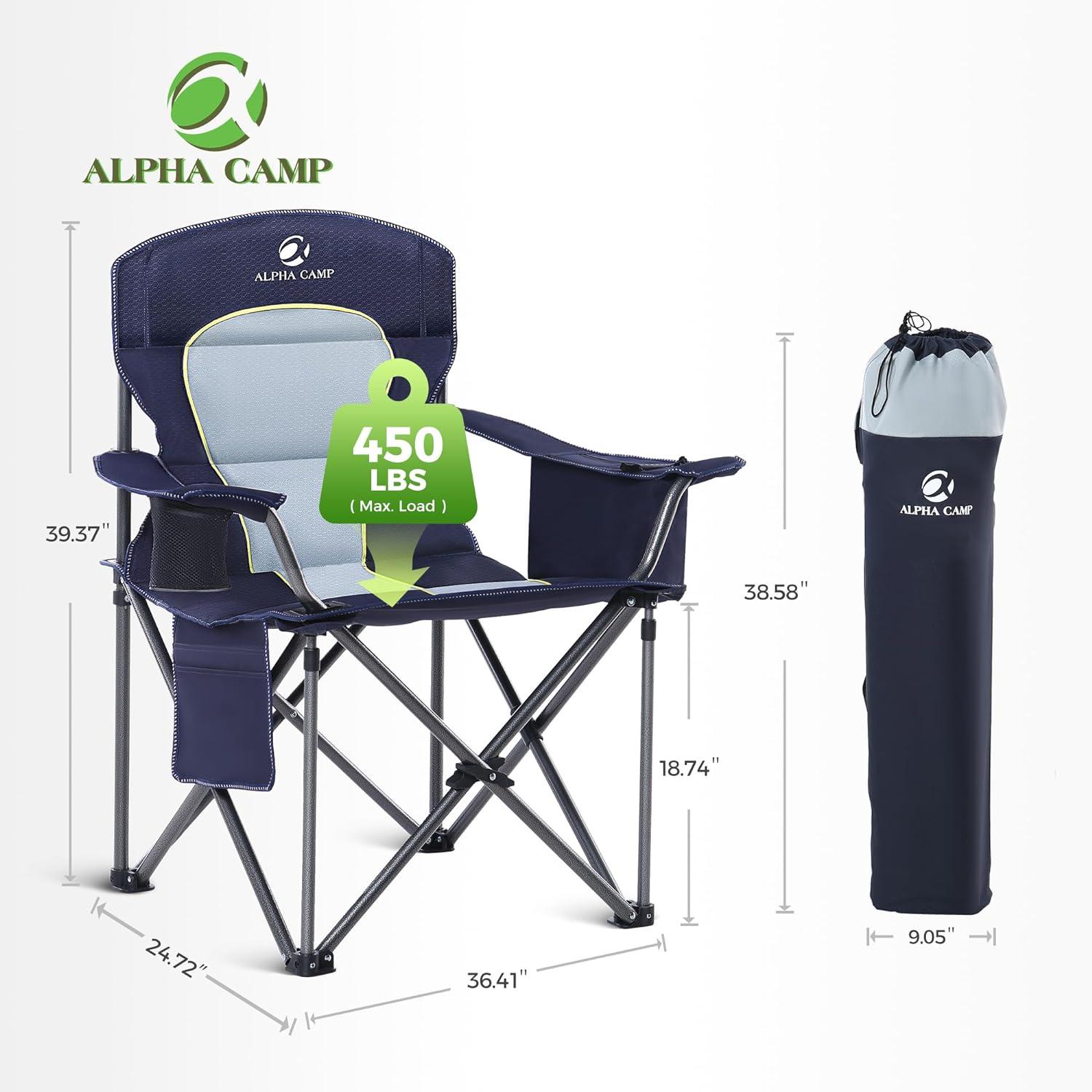 image:imageALPHA CAMP Heavy Duty Camping Chair 500LBS Capacity Oversized Folding Chair for Heavy People Padded Portable Outdoor Chair with Cooler Bag amp Cup Holder for Camping Fishing BeachBlue
