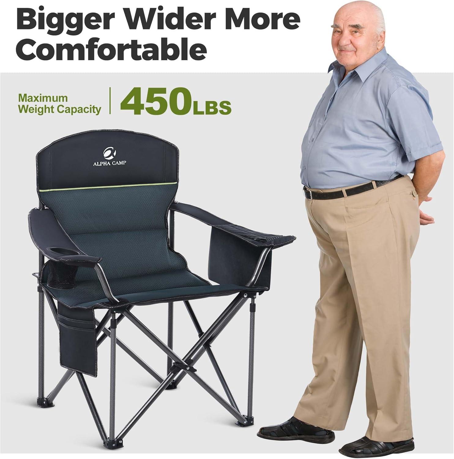 image:imageALPHA CAMP Heavy Duty Camping Chair 500LBS Capacity Oversized Folding Chair for Heavy People Padded Portable Outdoor Chair with Cooler Bag amp Cup Holder for Camping Fishing BeachGreen2pc