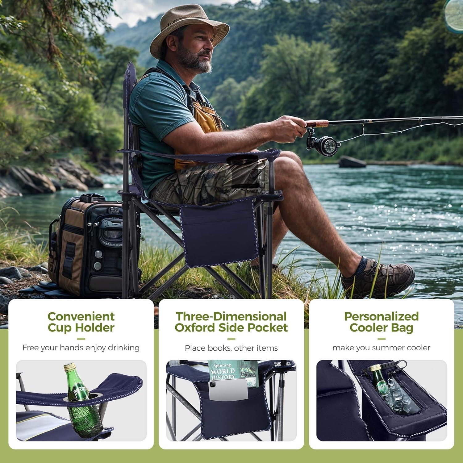 image:imageALPHA CAMP Heavy Duty Camping Chair 500LBS Capacity Oversized Folding Chair for Heavy People Padded Portable Outdoor Chair with Cooler Bag amp Cup Holder for Camping Fishing BeachBlue