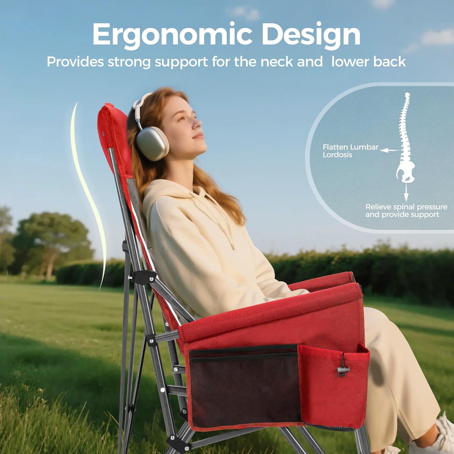 image:imageALPHA CAMP Heavy Duty High Back Camping Chairs with Cup Holder Oversized Folding Chair Outdoor Chair with HeadrestLawn with Side Pocket for Lawn Sports and Fishing 500lbsRed