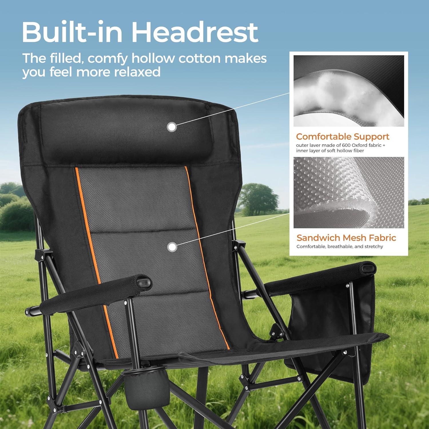 image:imageALPHA CAMP Heavy Duty High Back Camping Chairs with Cup Holder Oversized Folding Chair Outdoor Chair with HeadrestLawn with Side Pocket for Lawn Sports and Fishing 500lbsBlack