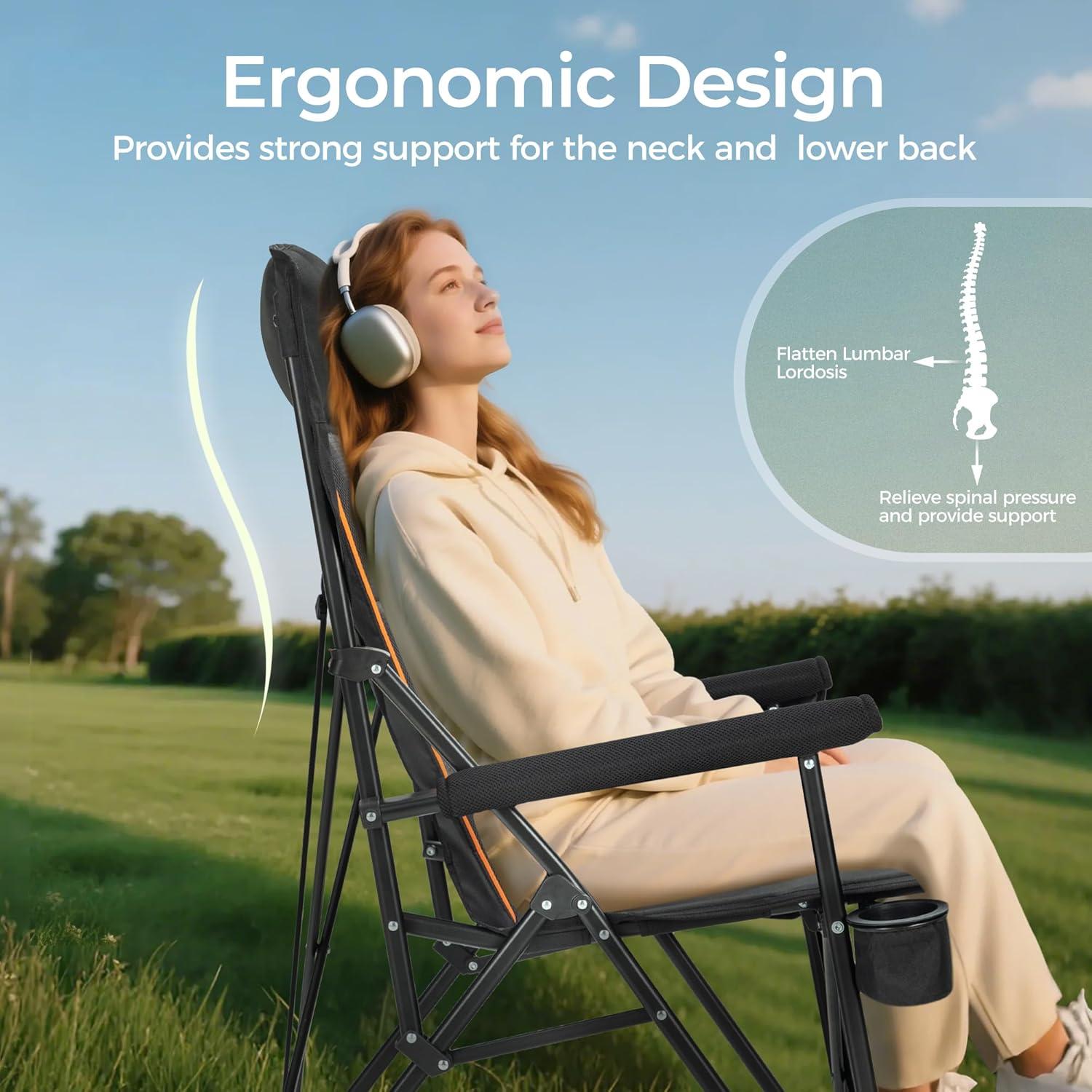 image:imageALPHA CAMP Heavy Duty High Back Camping Chairs with Cup Holder Oversized Folding Chair Outdoor Chair with HeadrestLawn with Side Pocket for Lawn Sports and Fishing 500lbsBlack
