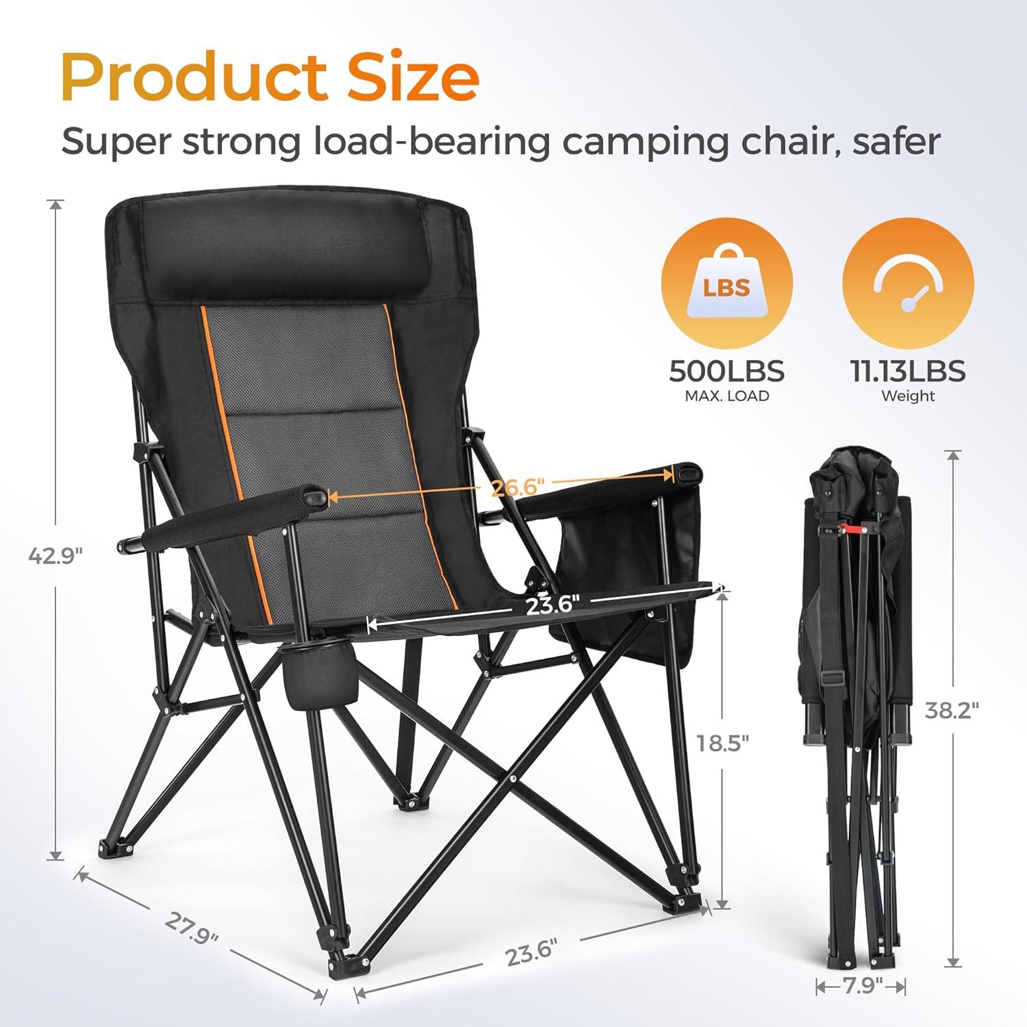 image:imageALPHA CAMP Heavy Duty High Back Camping Chairs with Cup Holder Oversized Folding Chair Outdoor Chair with HeadrestLawn with Side Pocket for Lawn Sports and Fishing 500lbsBlack