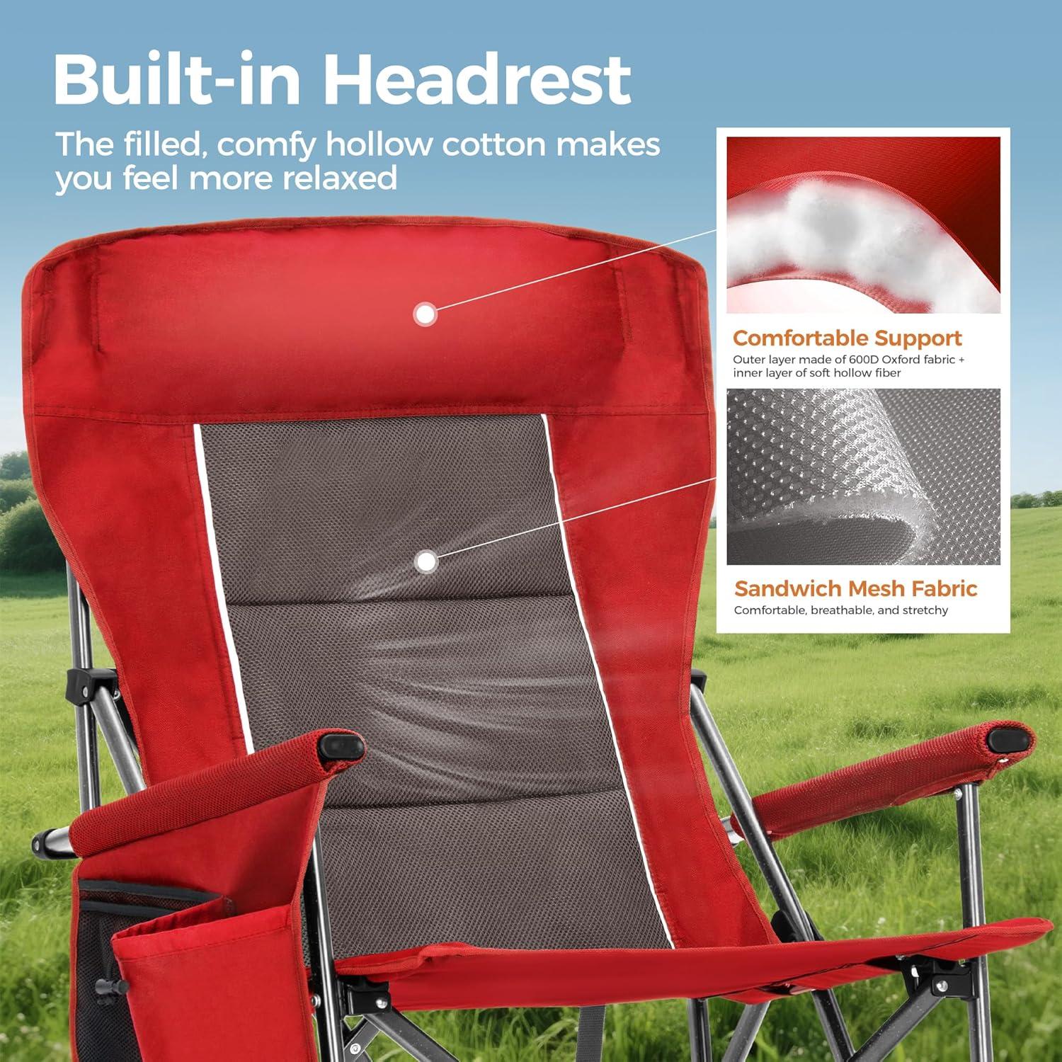 image:imageALPHA CAMP Heavy Duty High Back Camping Chairs with Cup Holder Oversized Folding Chair Outdoor Chair with HeadrestLawn with Side Pocket for Lawn Sports and Fishing 500lbsRed