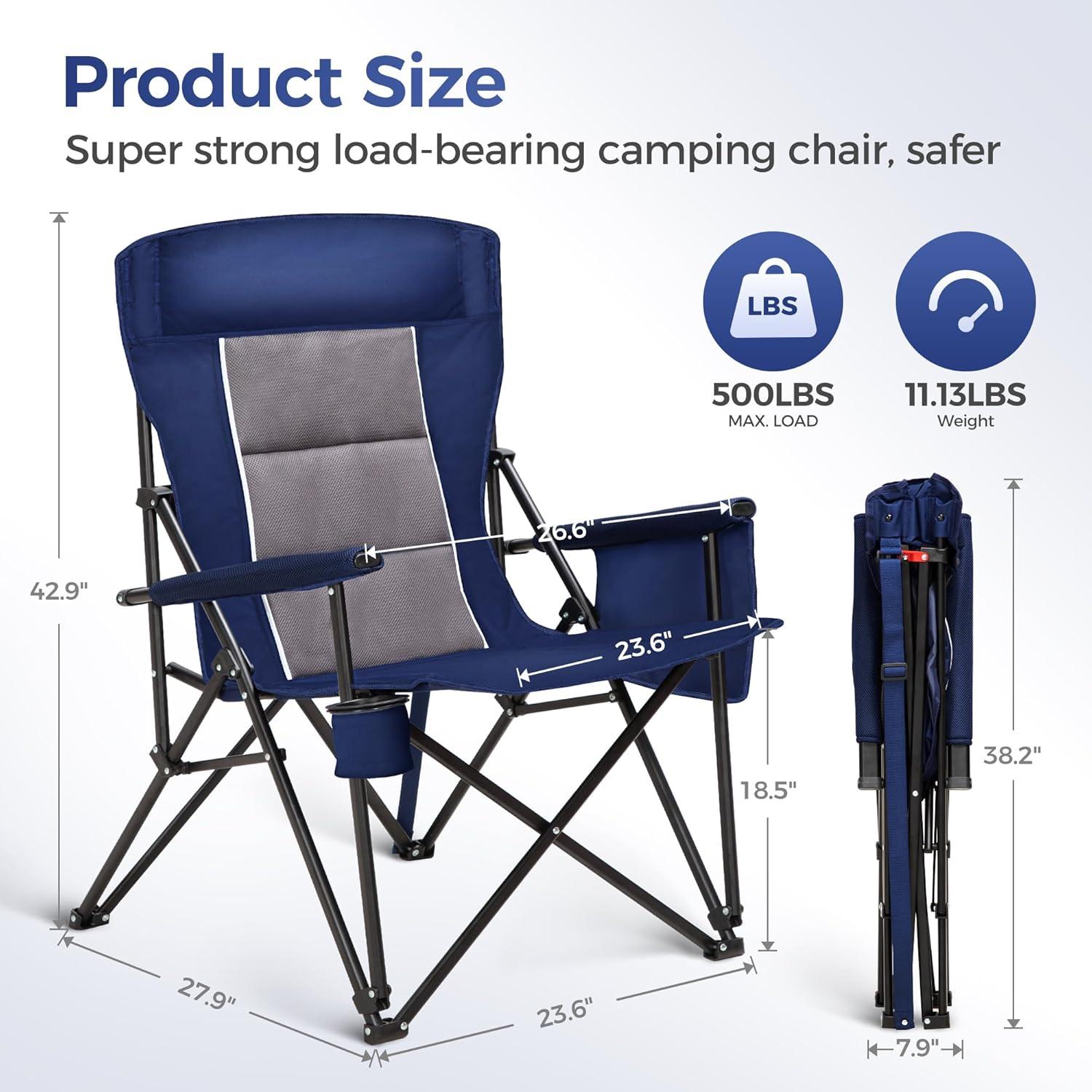 image:imageALPHA CAMP Heavy Duty High Back Camping Chairs with Cup Holder Oversized Folding Chair Outdoor Chair with HeadrestLawn with Side Pocket for Lawn Sports and Fishing 500lbsNavy Blue