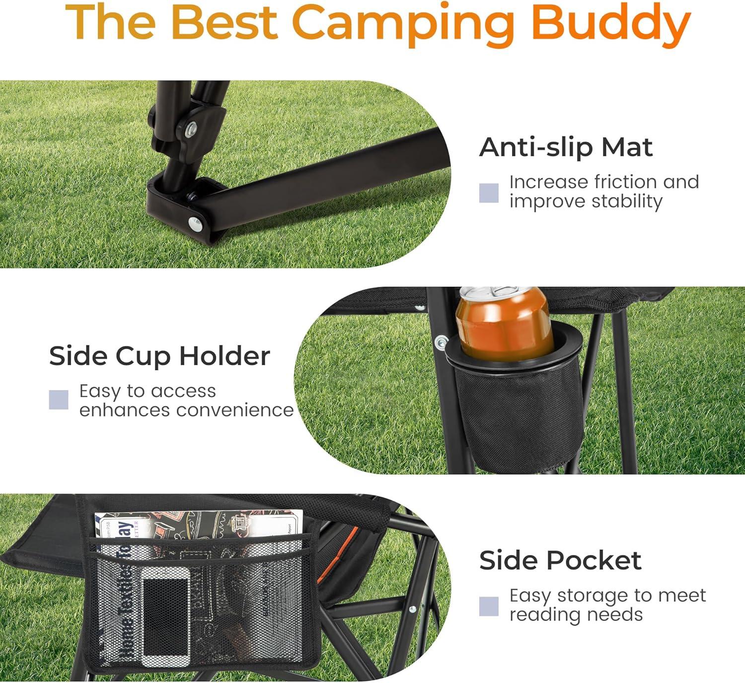 image:imageALPHA CAMP Heavy Duty High Back Camping Chairs with Cup Holder Oversized Folding Chair Outdoor Chair with HeadrestLawn with Side Pocket for Lawn Sports and Fishing 500lbsBlack