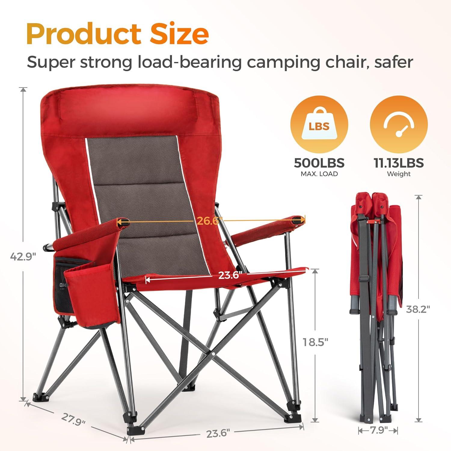 image:imageALPHA CAMP Heavy Duty High Back Camping Chairs with Cup Holder Oversized Folding Chair Outdoor Chair with HeadrestLawn with Side Pocket for Lawn Sports and Fishing 500lbsRed