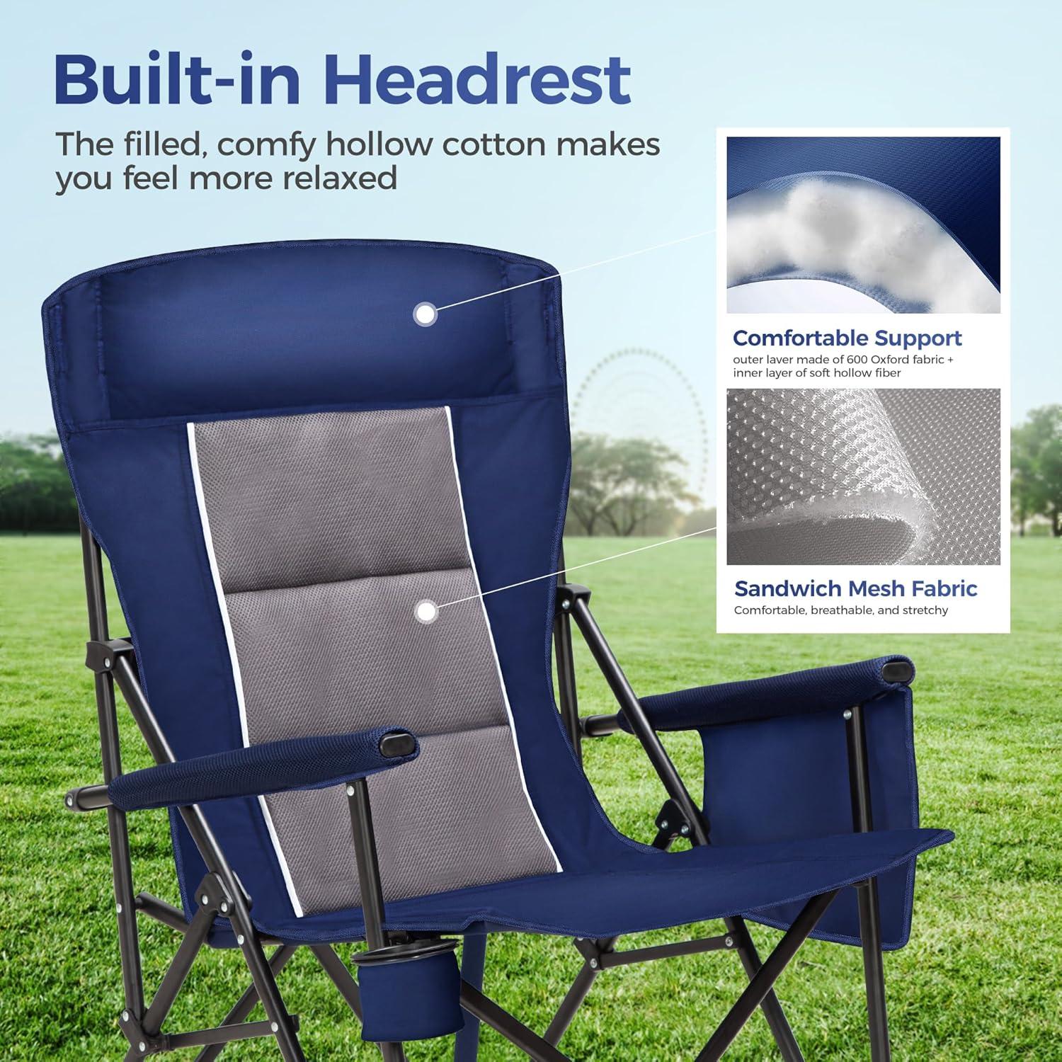 image:imageALPHA CAMP Heavy Duty High Back Camping Chairs with Cup Holder Oversized Folding Chair Outdoor Chair with HeadrestLawn with Side Pocket for Lawn Sports and Fishing 500lbsNavy Blue