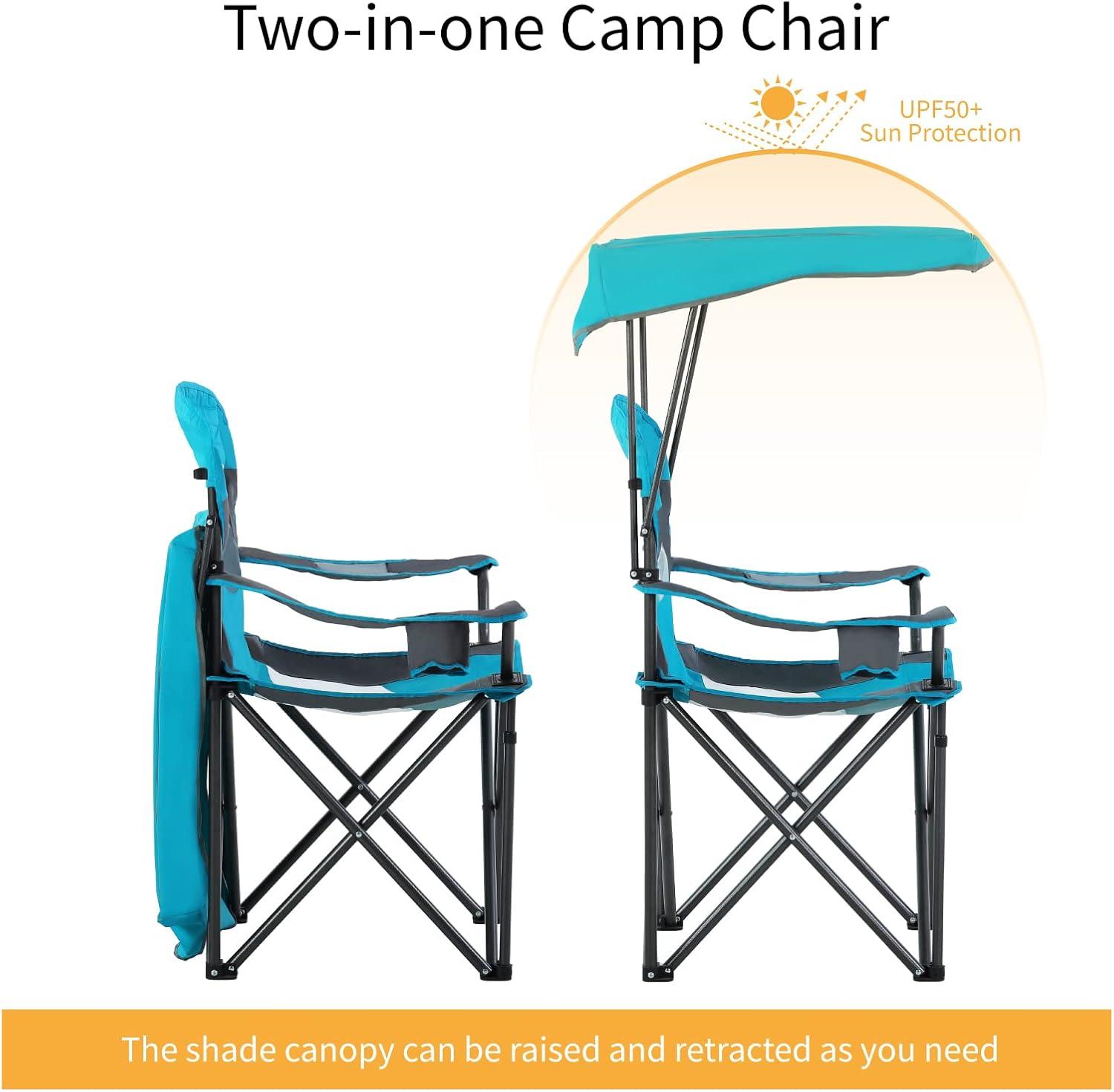 image:imageALPHA CAMP Oversized Camping Chair with Shade Canopy Folding Lawn ChairsEnamel Blue