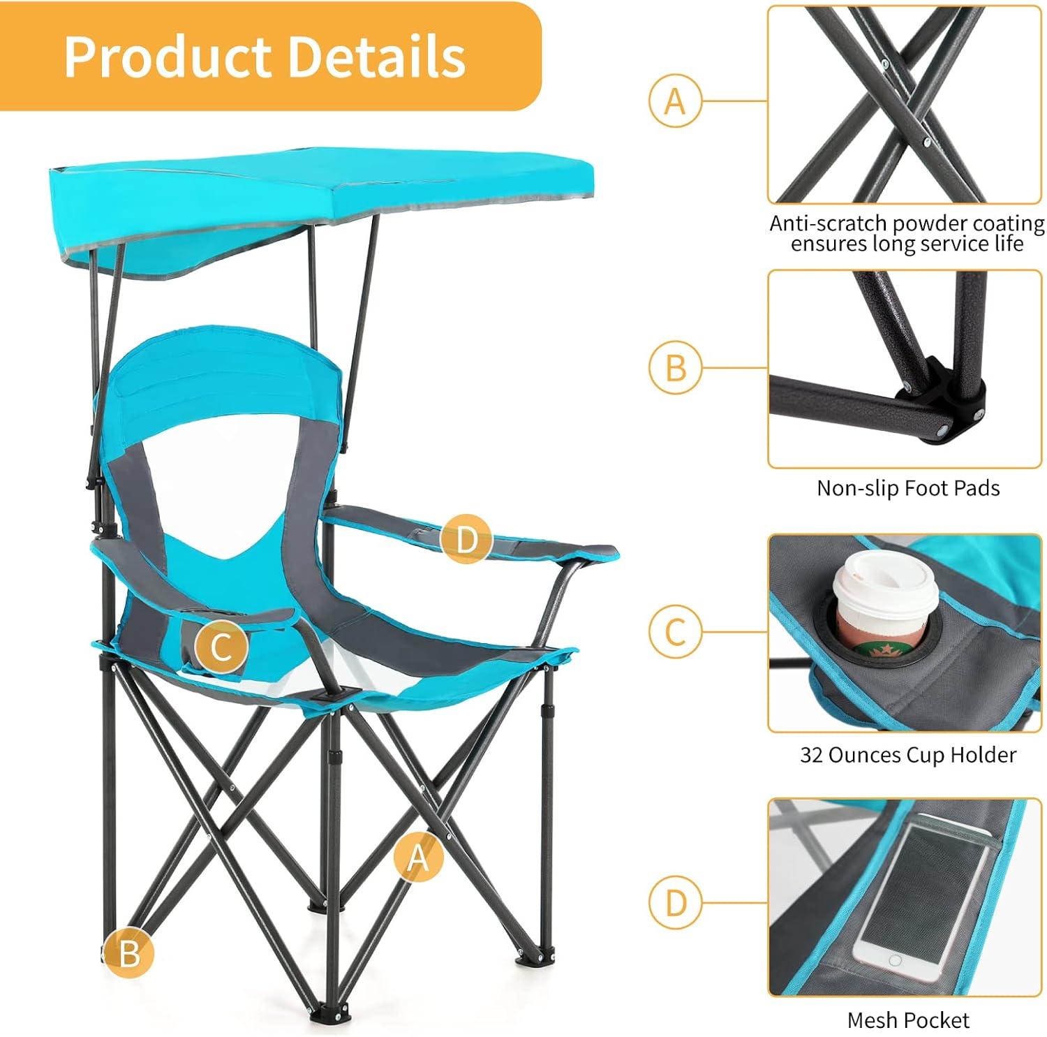 image:imageALPHA CAMP Oversized Camping Chair with Shade Canopy Folding Lawn ChairsEnamel Blue