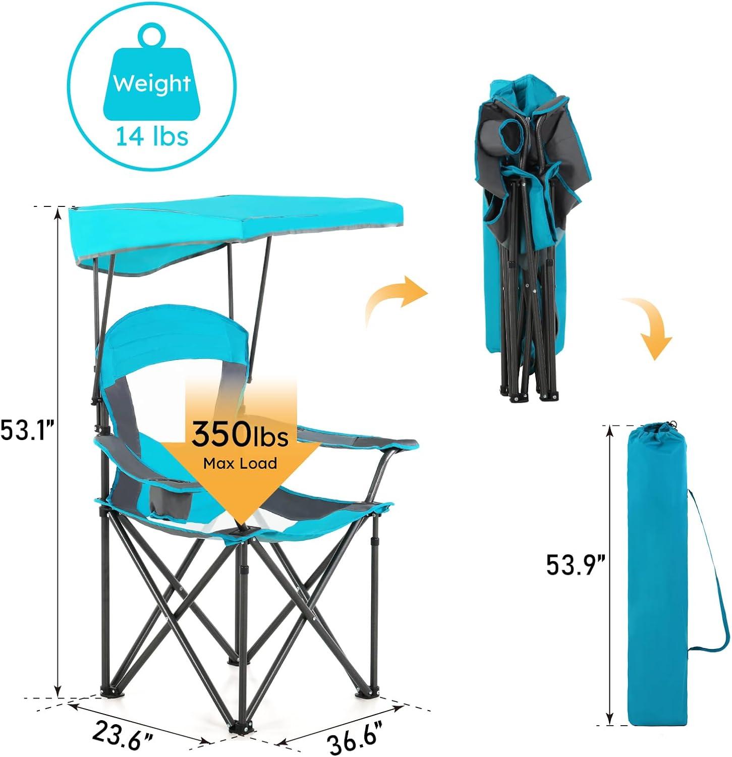 image:imageALPHA CAMP Oversized Camping Chair with Shade Canopy Folding Lawn ChairsEnamel Blue