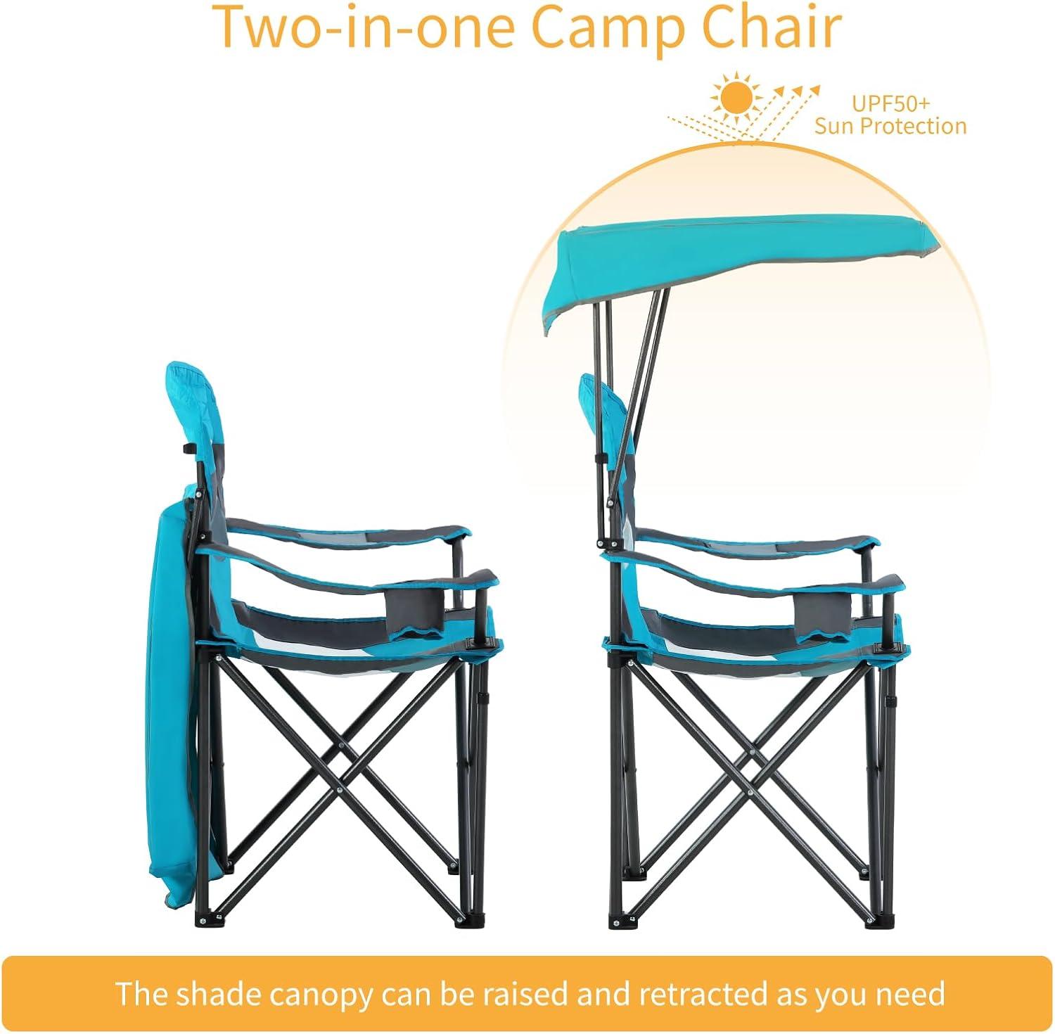 image:imageALPHA CAMP Oversized Camping Chair with Shade Canopy Folding Lawn ChairsEnamel Blue