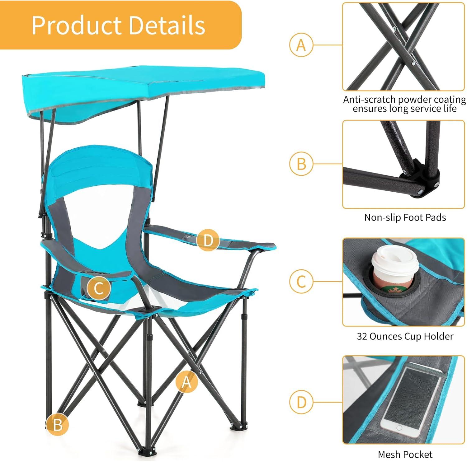 image:imageALPHA CAMP Oversized Camping Chair with Shade Canopy Folding Lawn ChairsEnamel Blue