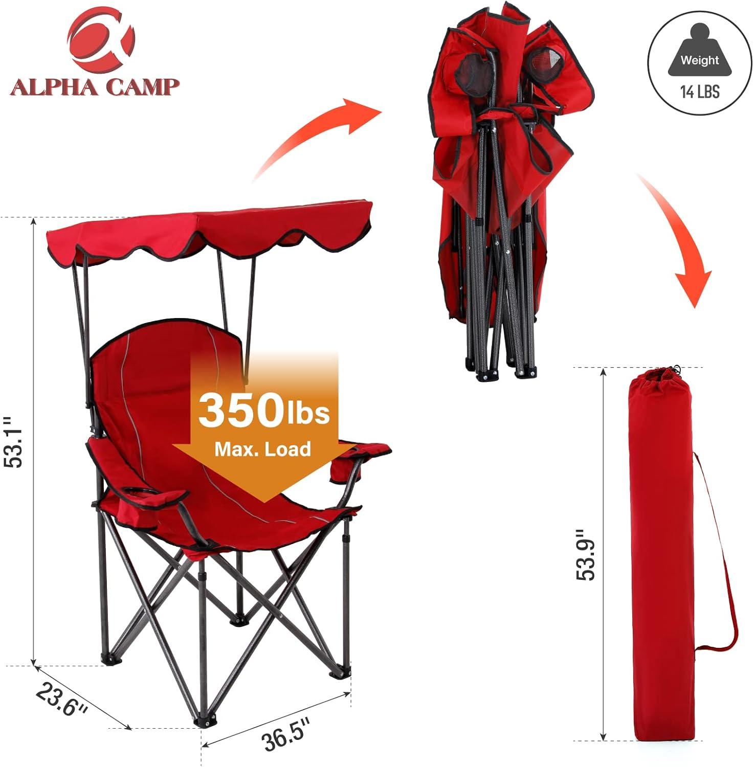 image:imageALPHA CAMP Oversized Camping Chair with Shade Canopy Folding Lawn ChairsRed