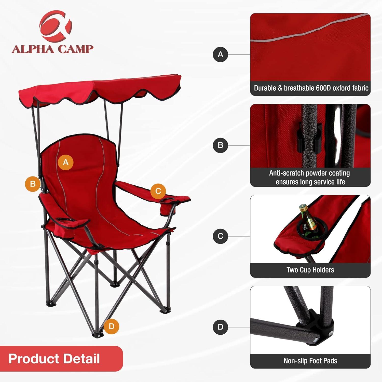 image:imageALPHA CAMP Oversized Camping Chair with Shade Canopy Folding Lawn ChairsRed