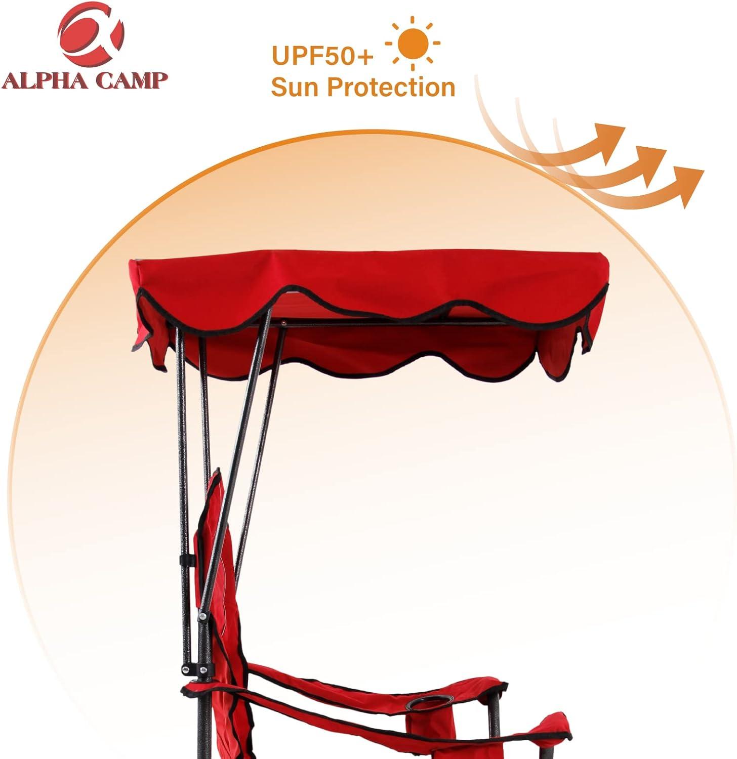 image:imageALPHA CAMP Oversized Camping Chair with Shade Canopy Folding Lawn ChairsRed