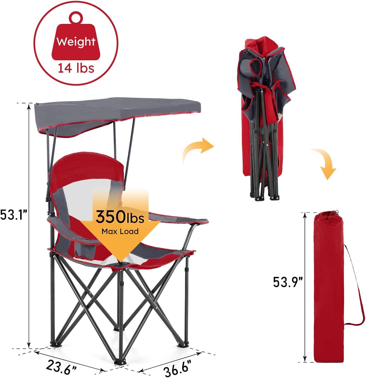 image:imageALPHA CAMP Oversized Camping Chair with Shade Canopy Folding Lawn ChairsRedgrey