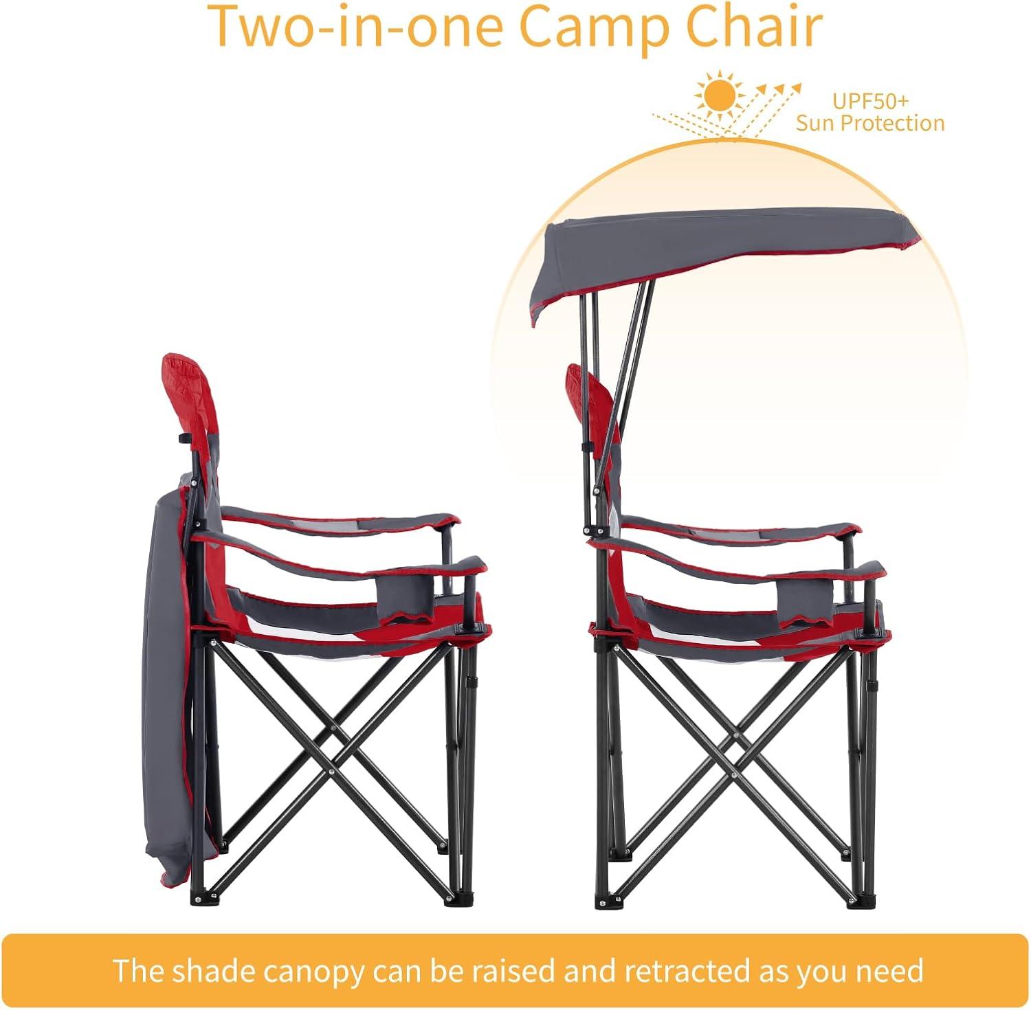 image:imageALPHA CAMP Oversized Camping Chair with Shade Canopy Folding Lawn ChairsRedgrey