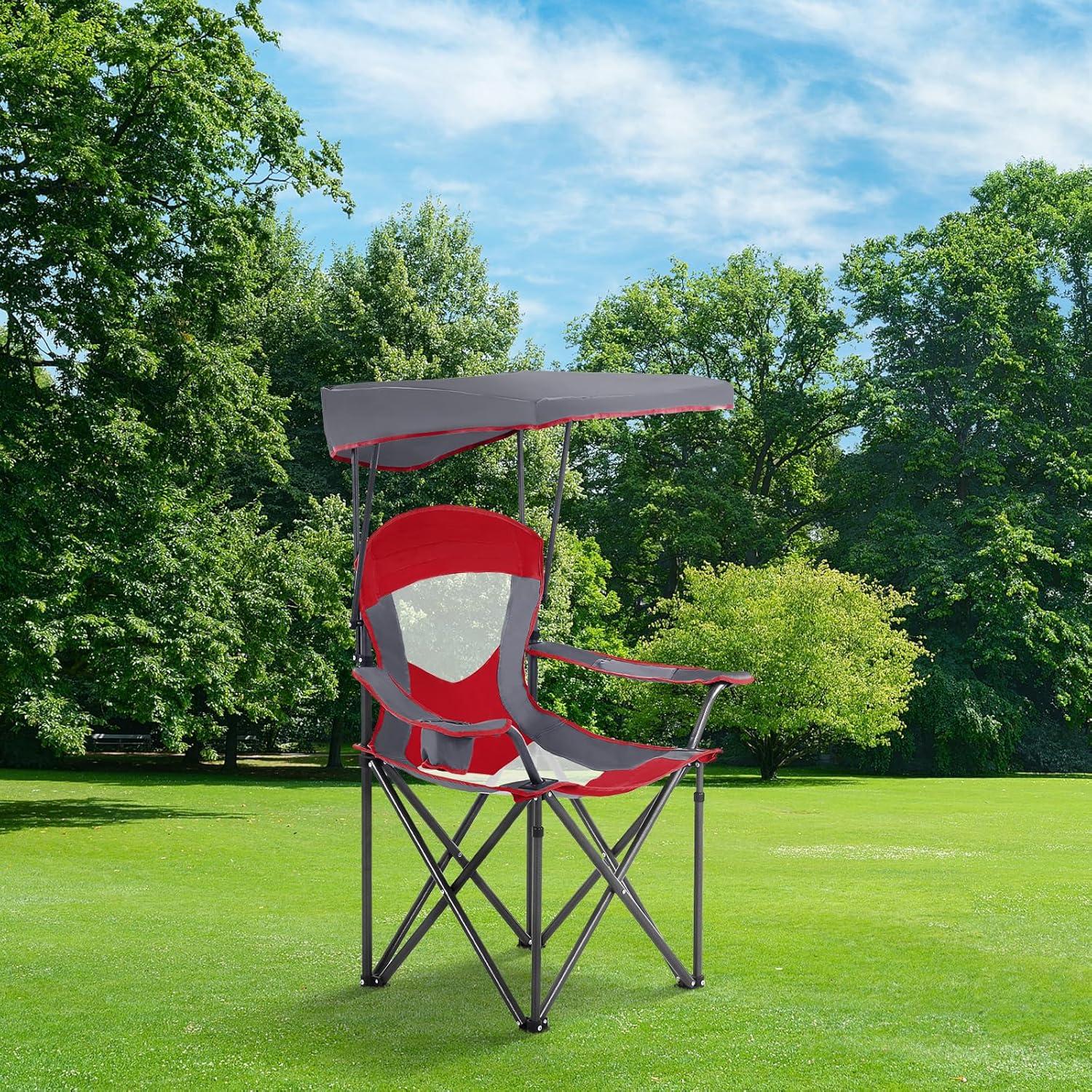 image:imageALPHA CAMP Oversized Camping Chair with Shade Canopy Folding Lawn ChairsRedgrey