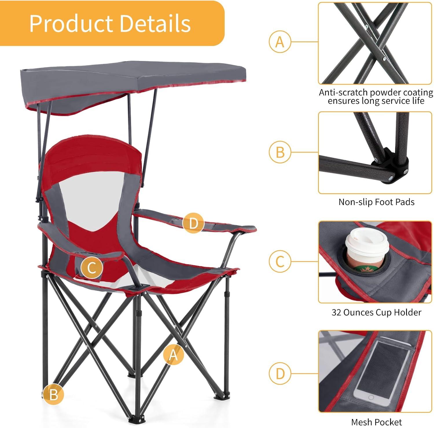 image:imageALPHA CAMP Oversized Camping Chair with Shade Canopy Folding Lawn ChairsRedgrey