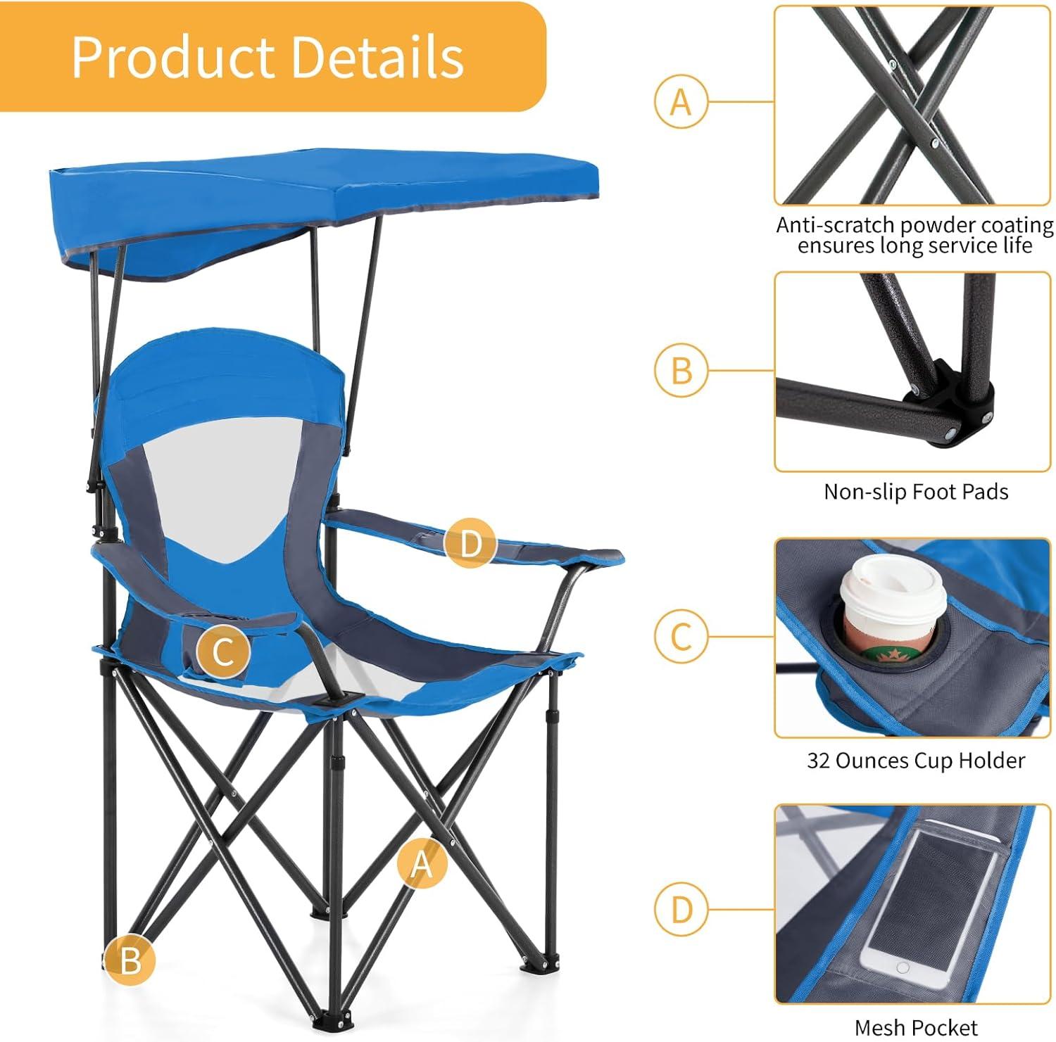 image:imageALPHA CAMP Oversized Camping Chair with Shade Canopy Folding Lawn ChairsRoyal Blue