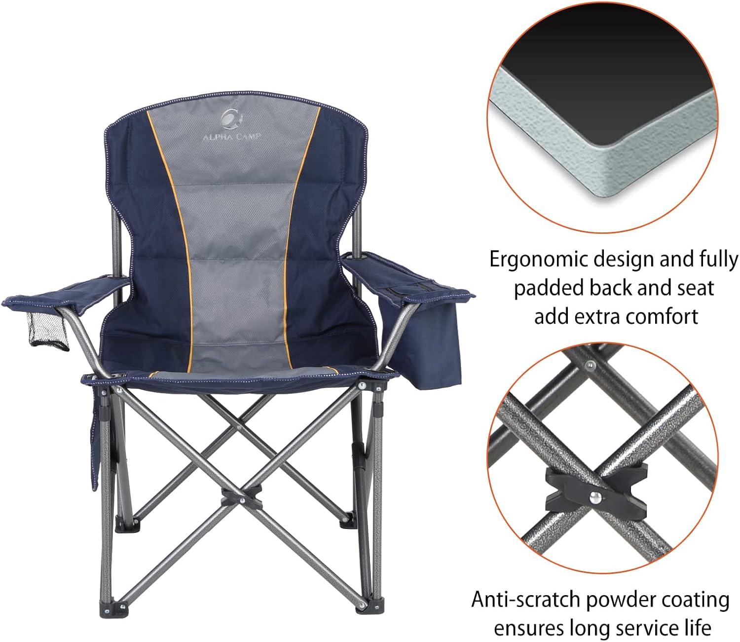 image:imageALPHA CAMP Oversized Folding Camping Chair Heavy Duty Portable Lawn Chairs with Cooler Bag Side Pocket amp Cup Holder Folding Chairs for Outside Support 450 LBSBlue