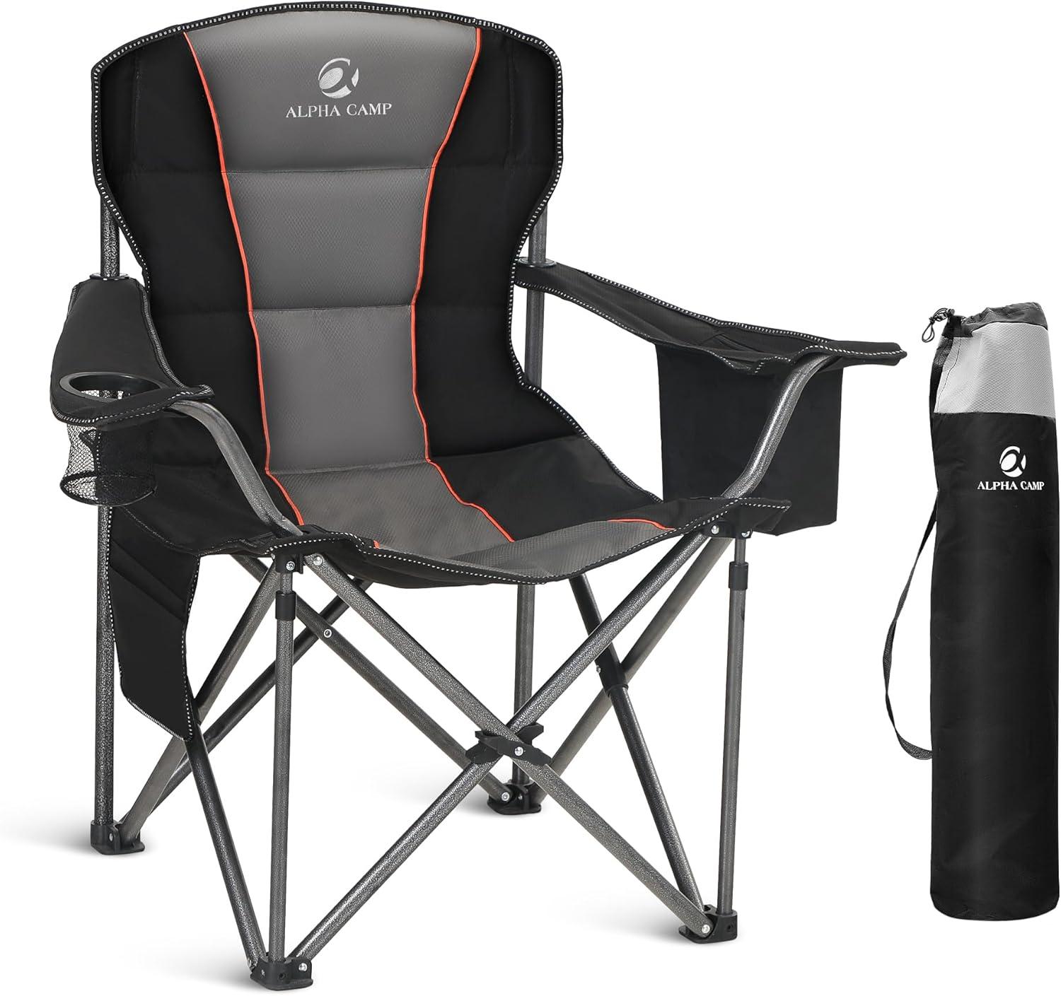 image:imageALPHA CAMP Oversized Folding Camping Chair Heavy Duty Portable Lawn Chairs with Cooler Bag Side Pocket amp Cup Holder Folding Chairs for Outside Support 450 LBSBlack