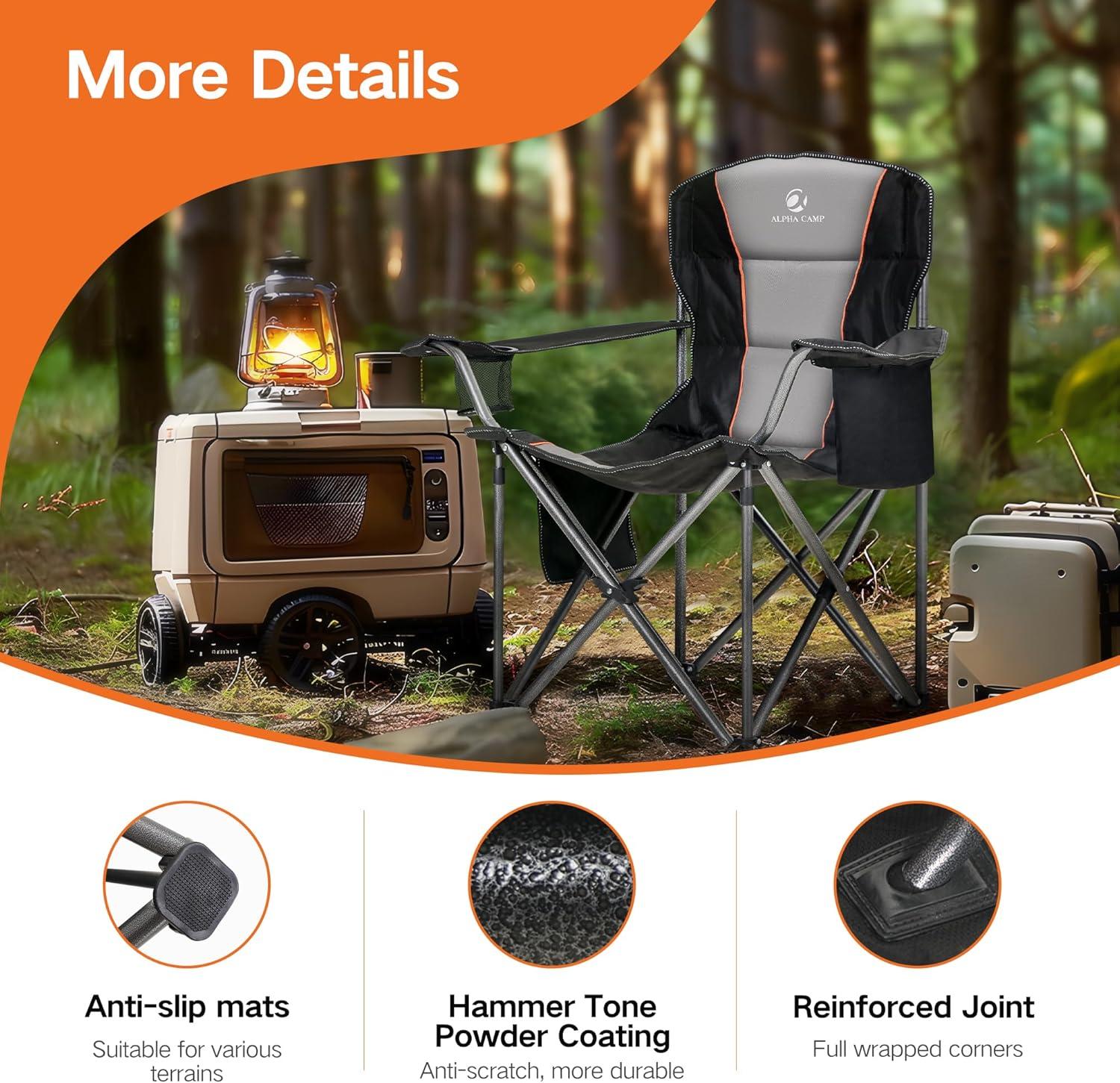 image:imageALPHA CAMP Oversized Folding Camping Chair Heavy Duty Portable Lawn Chairs with Cooler Bag Side Pocket amp Cup Holder Folding Chairs for Outside Support 450 LBSBlack