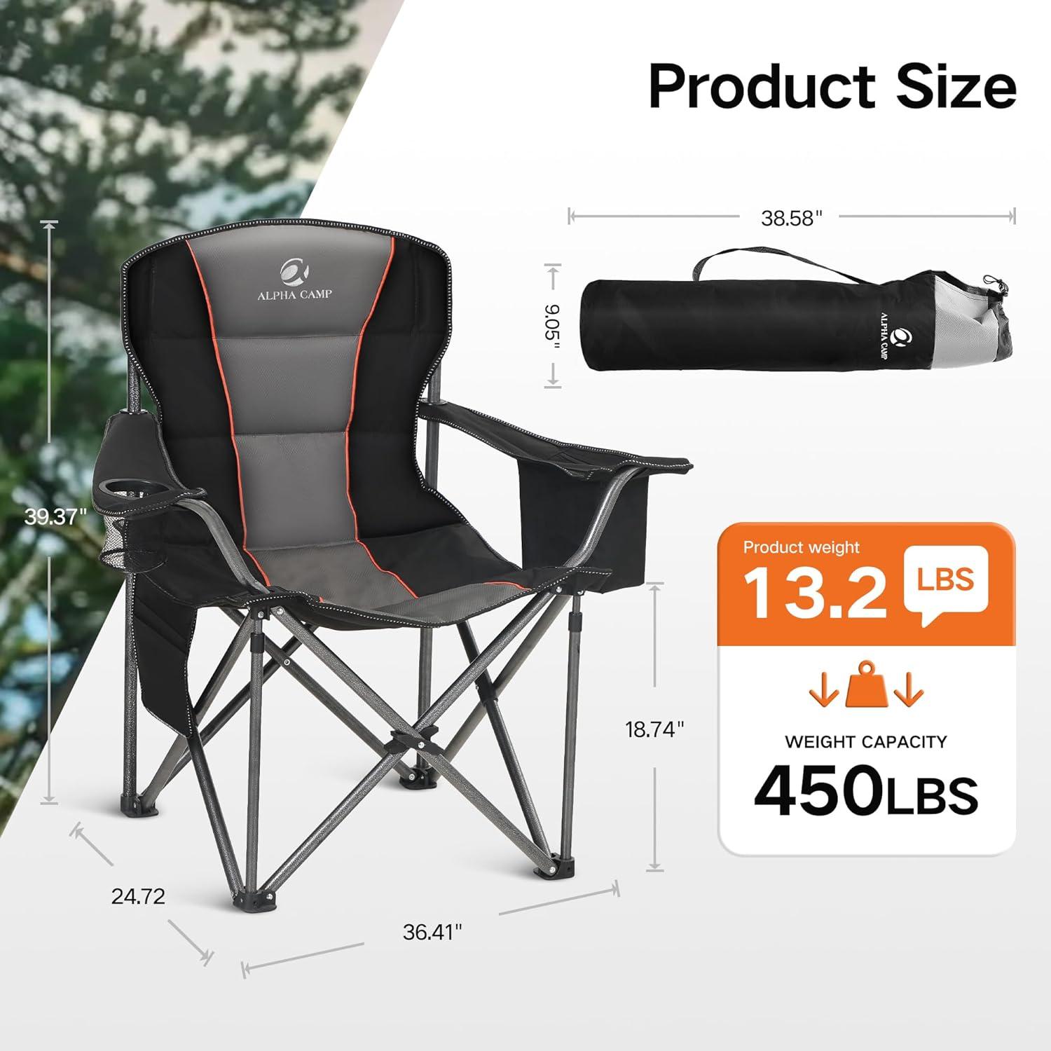 image:imageALPHA CAMP Oversized Folding Camping Chair Heavy Duty Portable Lawn Chairs with Cooler Bag Side Pocket amp Cup Holder Folding Chairs for Outside Support 450 LBSBlack