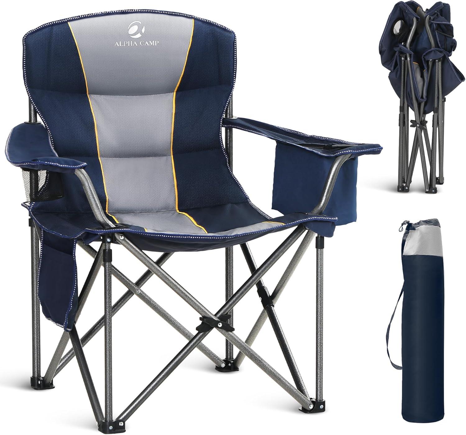 image:imageALPHA CAMP Oversized Folding Camping Chair Heavy Duty Portable Lawn Chairs with Cooler Bag Side Pocket amp Cup Holder Folding Chairs for Outside Support 450 LBSBlue