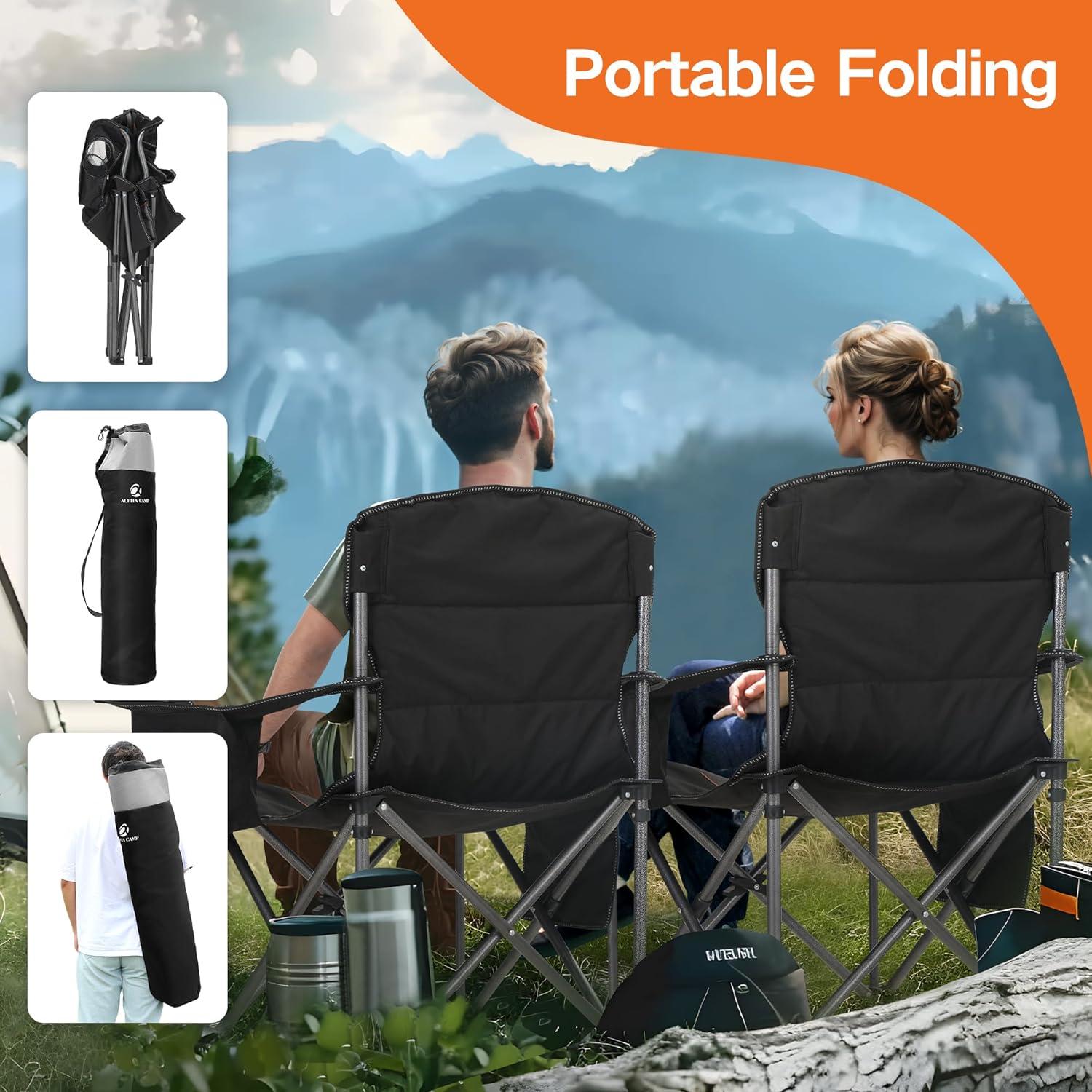 image:imageALPHA CAMP Oversized Folding Camping Chair Heavy Duty Portable Lawn Chairs with Cooler Bag Side Pocket amp Cup Holder Folding Chairs for Outside Support 450 LBSBlack