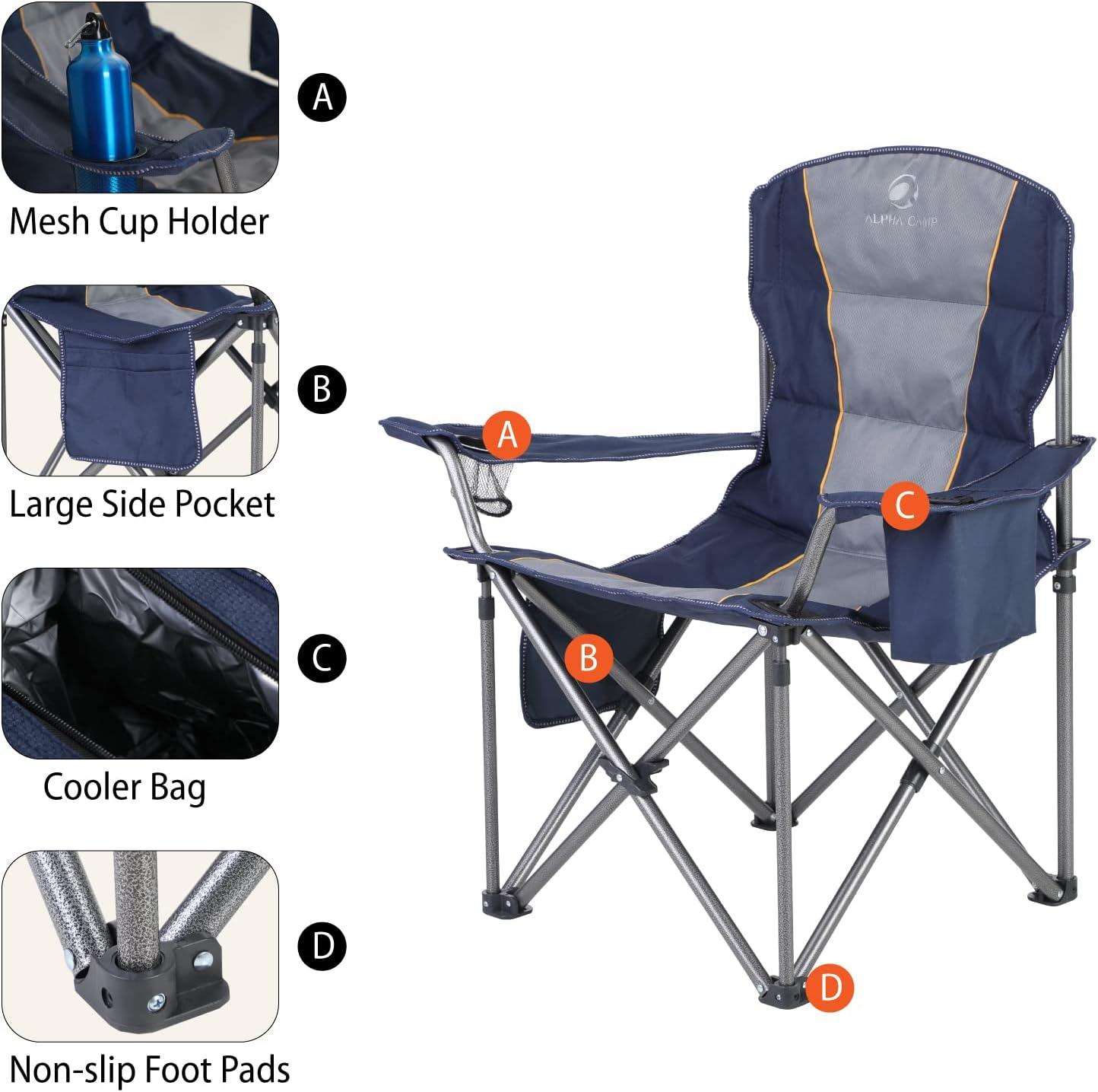 image:imageALPHA CAMP Oversized Folding Camping Chair Heavy Duty Portable Lawn Chairs with Cooler Bag Side Pocket amp Cup Holder Folding Chairs for Outside Support 450 LBSBlue
