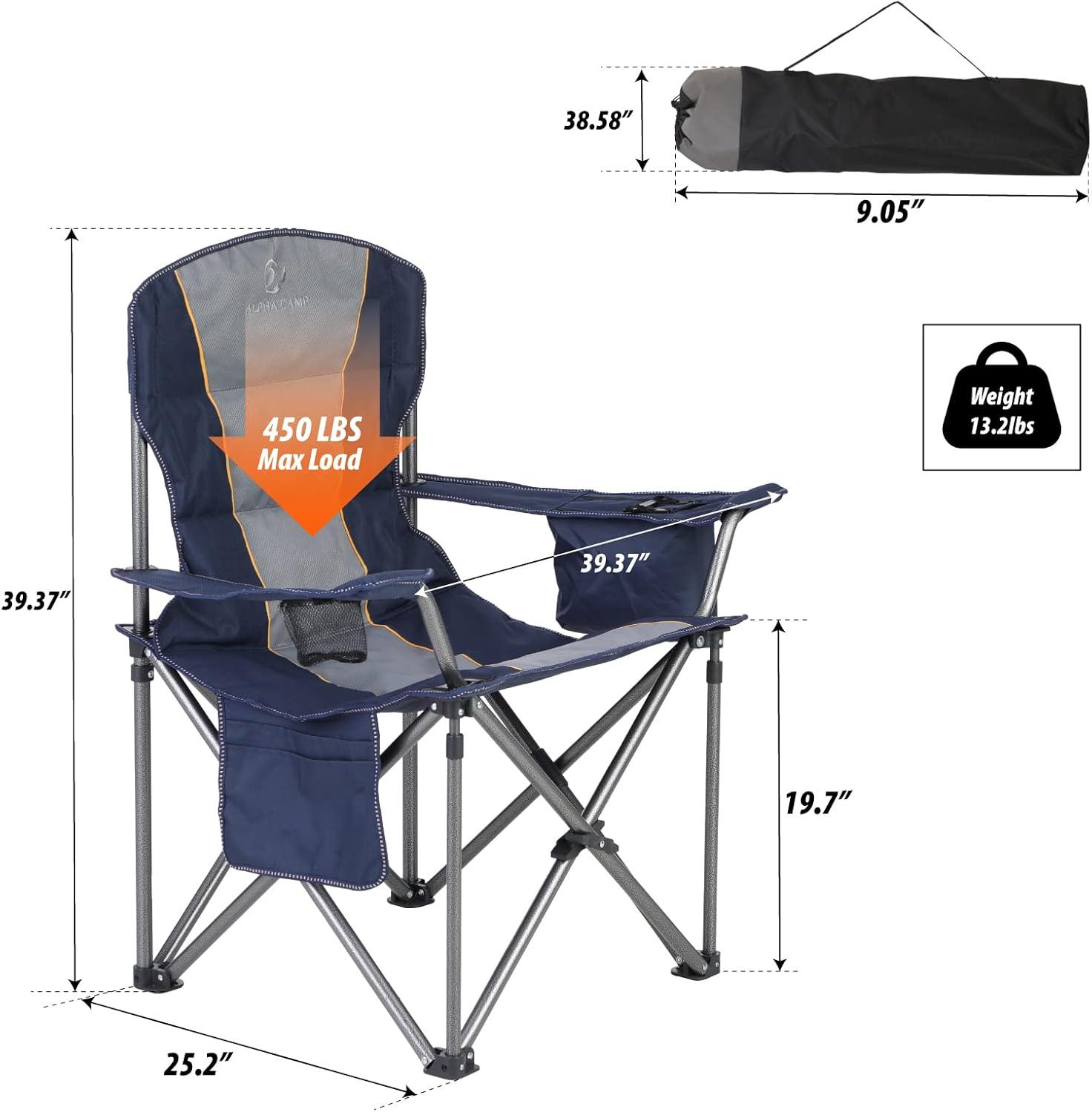image:imageALPHA CAMP Oversized Folding Camping Chair Heavy Duty Portable Lawn Chairs with Cooler Bag Side Pocket amp Cup Holder Folding Chairs for Outside Support 450 LBSBlue