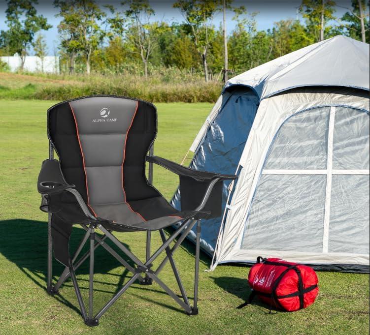 image:imageALPHA CAMP Oversized Folding Camping Chair Heavy Duty Portable Lawn Chairs with Cooler Bag Side Pocket amp Cup Holder Folding Chairs for Outside Support 450 LBSBlack