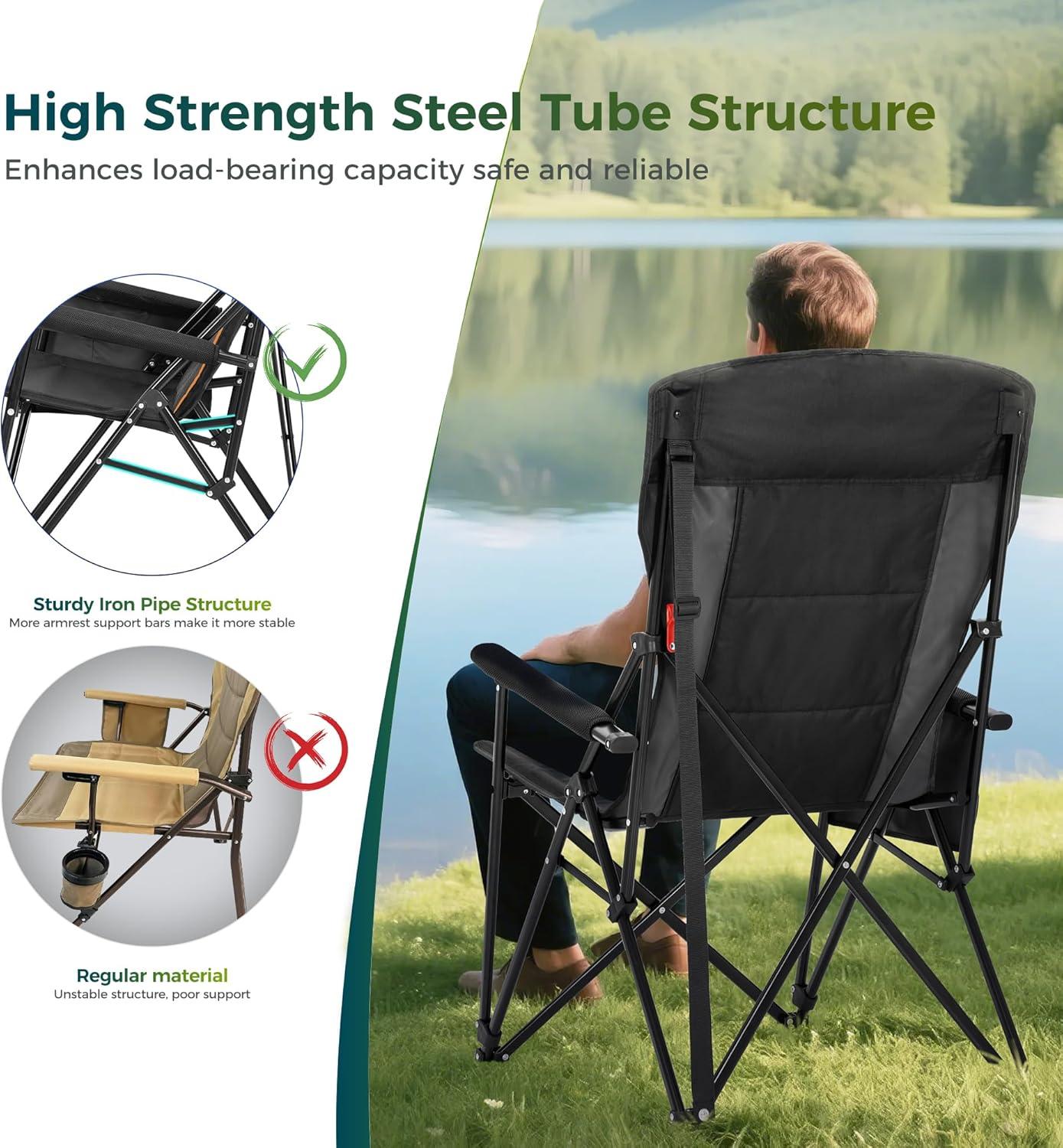 image:imageALPHA CAMP Oversized Folding Camping Chairs High Backrest Heavy Duty Lawn Chairs for Adults Support 500 LBS Portable Camp Chairs with Cup Holders Large Side Pocket for OutdoorBlack