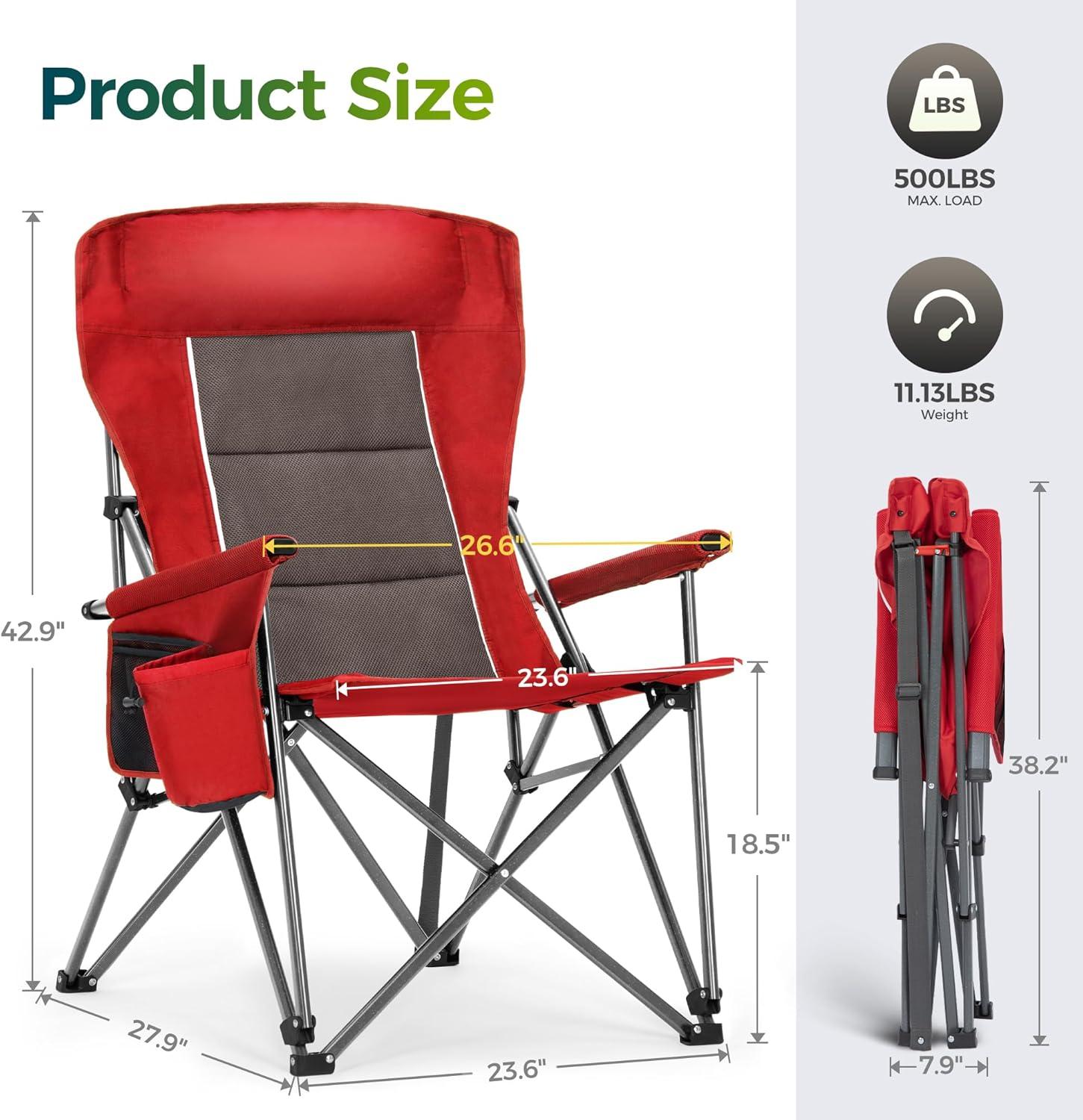 image:imageALPHA CAMP Oversized Folding Camping Chairs High Backrest Heavy Duty Lawn Chairs for Adults Support 500 LBS Portable Camp Chairs with Cup Holders Large Side Pocket for OutdoorRed2