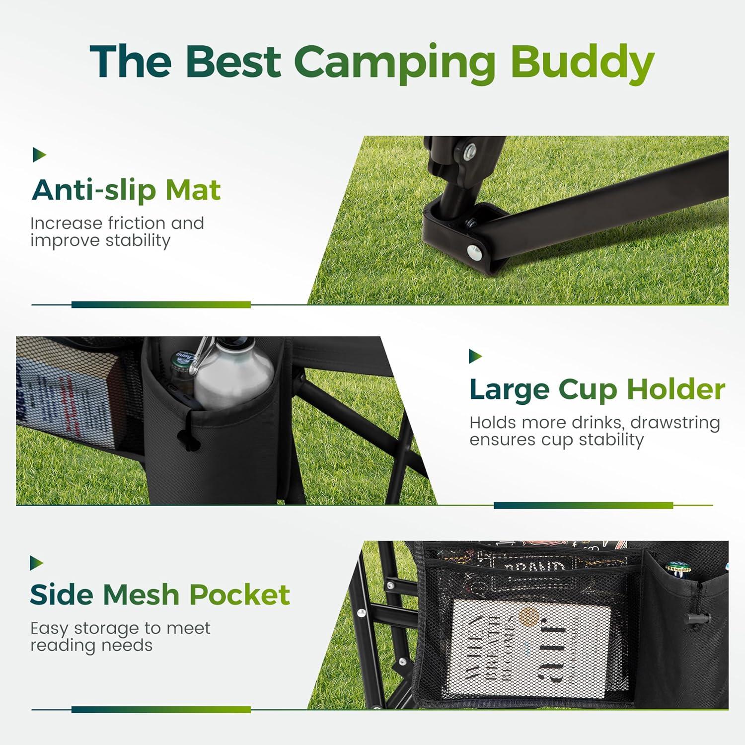 image:imageALPHA CAMP Oversized Folding Camping Chairs High Backrest Heavy Duty Lawn Chairs for Adults Support 500 LBS Portable Camp Chairs with Cup Holders Large Side Pocket for OutdoorBlack