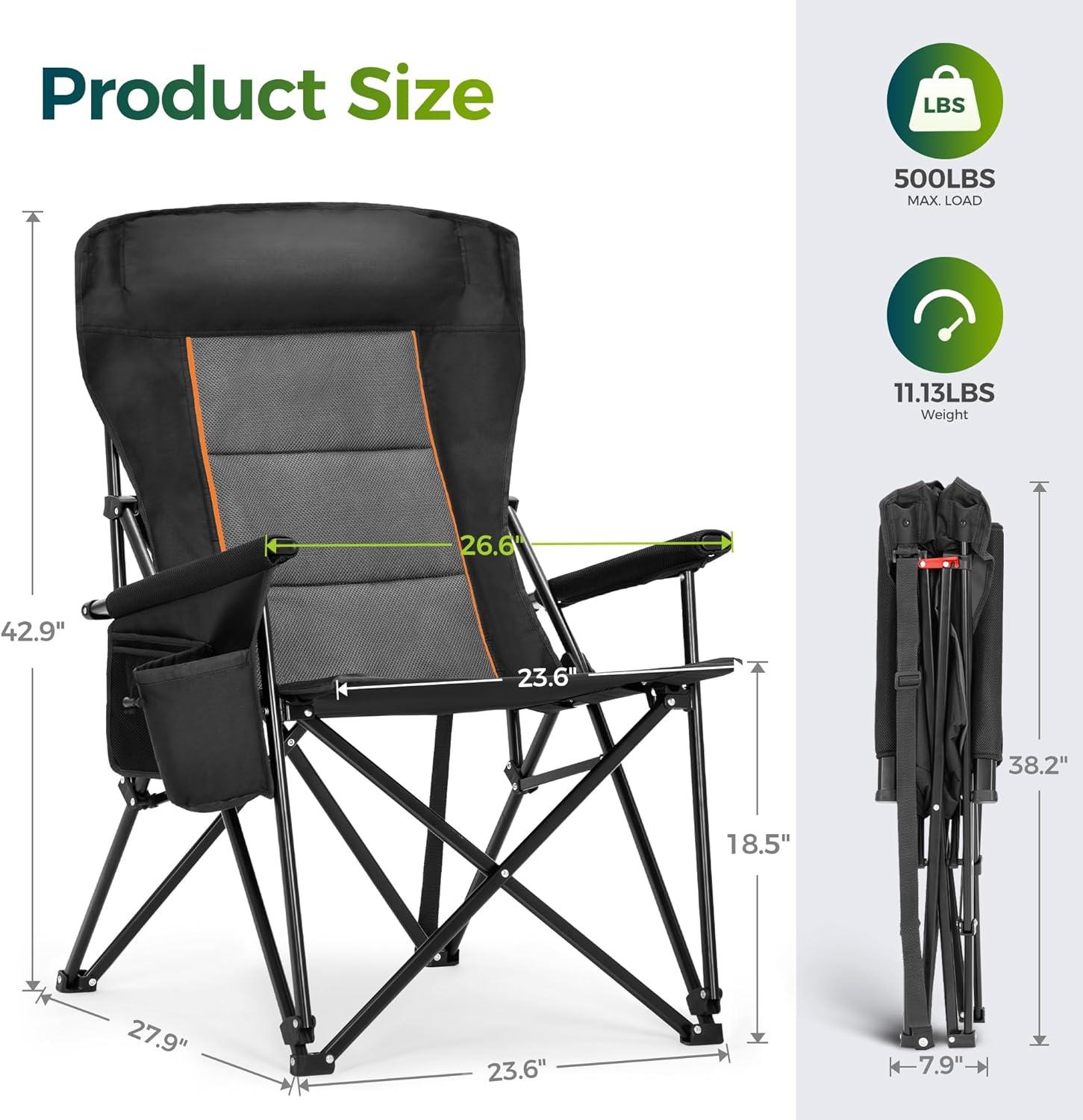 image:imageALPHA CAMP Oversized Folding Camping Chairs High Backrest Heavy Duty Lawn Chairs for Adults Support 500 LBS Portable Camp Chairs with Cup Holders Large Side Pocket for OutdoorBlack2