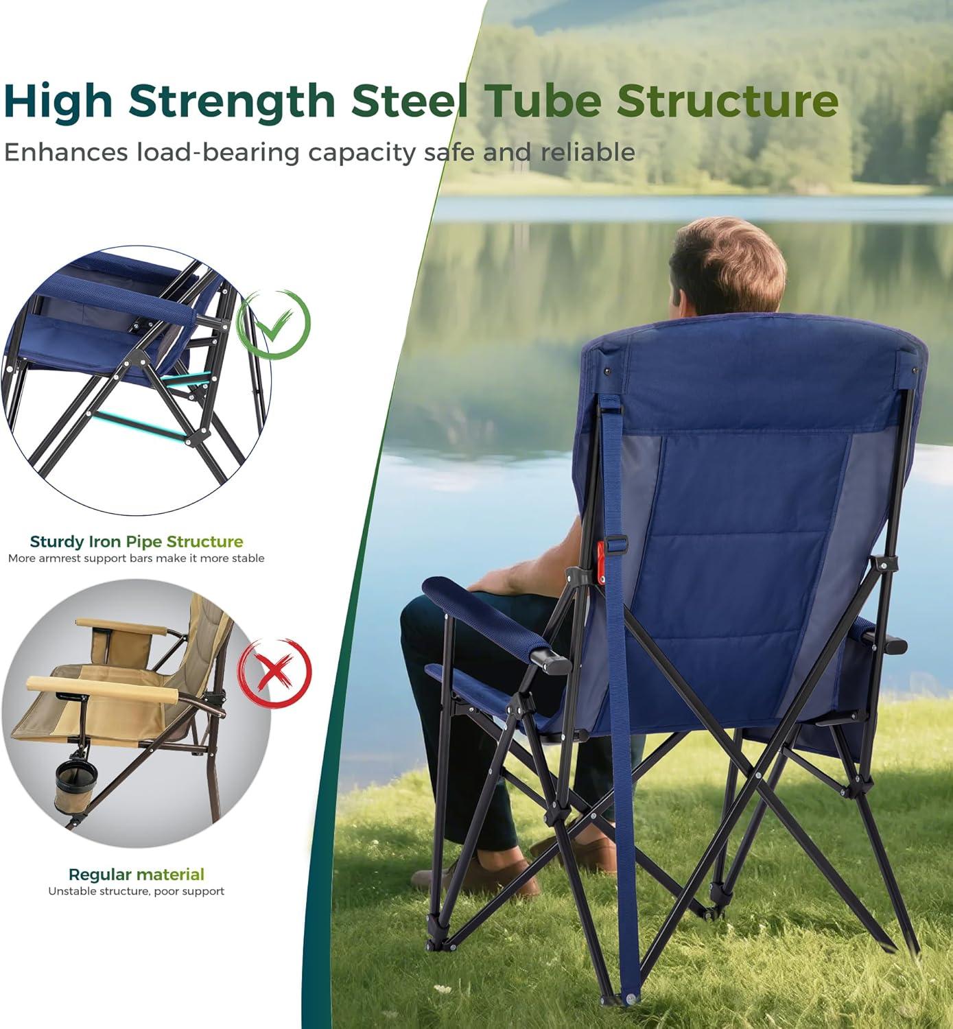 image:imageALPHA CAMP Oversized Folding Camping Chairs High Backrest Heavy Duty Lawn Chairs for Adults Support 500 LBS Portable Camp Chairs with Cup Holders Large Side Pocket for OutdoorNavy Blue