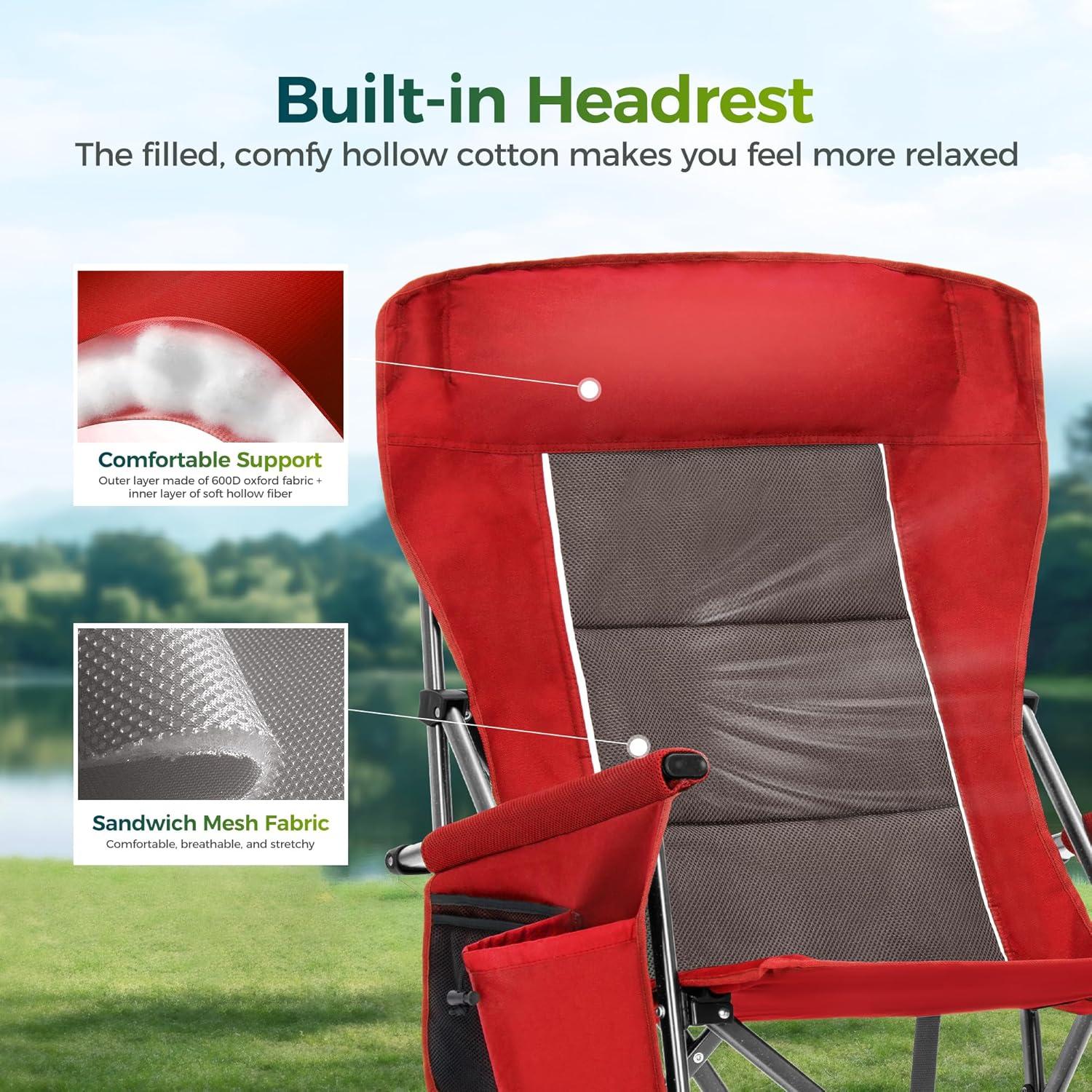 image:imageALPHA CAMP Oversized Folding Camping Chairs High Backrest Heavy Duty Lawn Chairs for Adults Support 500 LBS Portable Camp Chairs with Cup Holders Large Side Pocket for OutdoorRed2