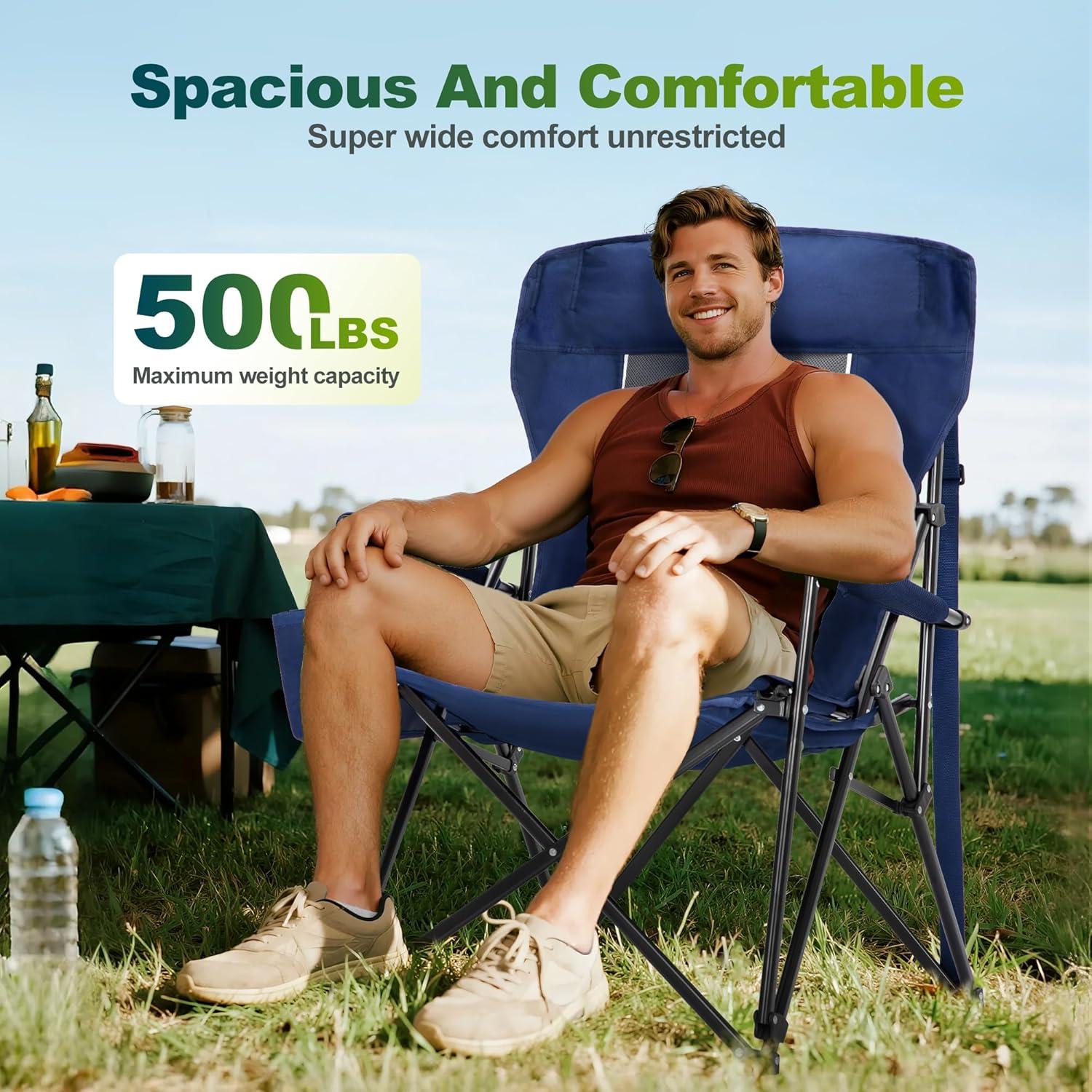 image:imageALPHA CAMP Oversized Folding Camping Chairs High Backrest Heavy Duty Lawn Chairs for Adults Support 500 LBS Portable Camp Chairs with Cup Holders Large Side Pocket for OutdoorNavy Blue