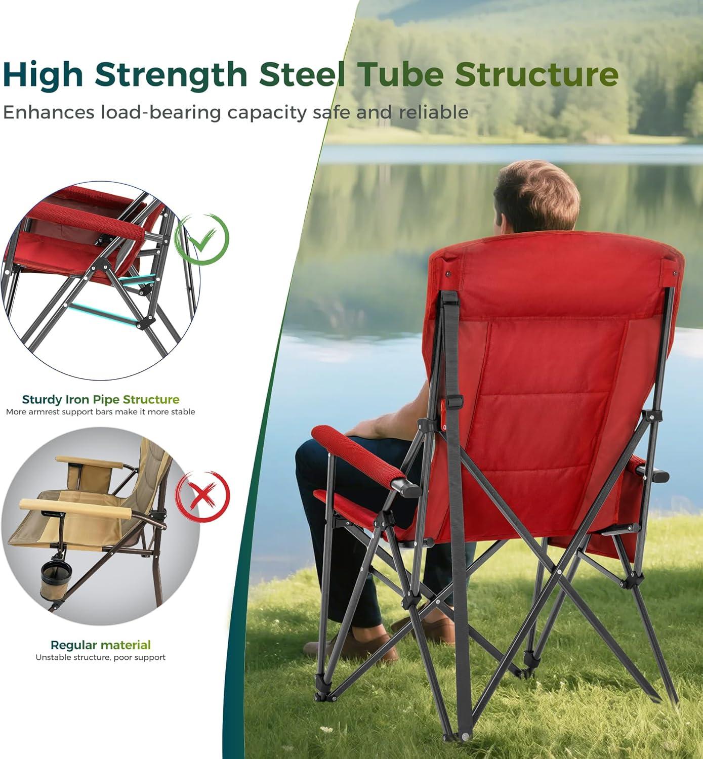 image:imageALPHA CAMP Oversized Folding Camping Chairs High Backrest Heavy Duty Lawn Chairs for Adults Support 500 LBS Portable Camp Chairs with Cup Holders Large Side Pocket for OutdoorRed