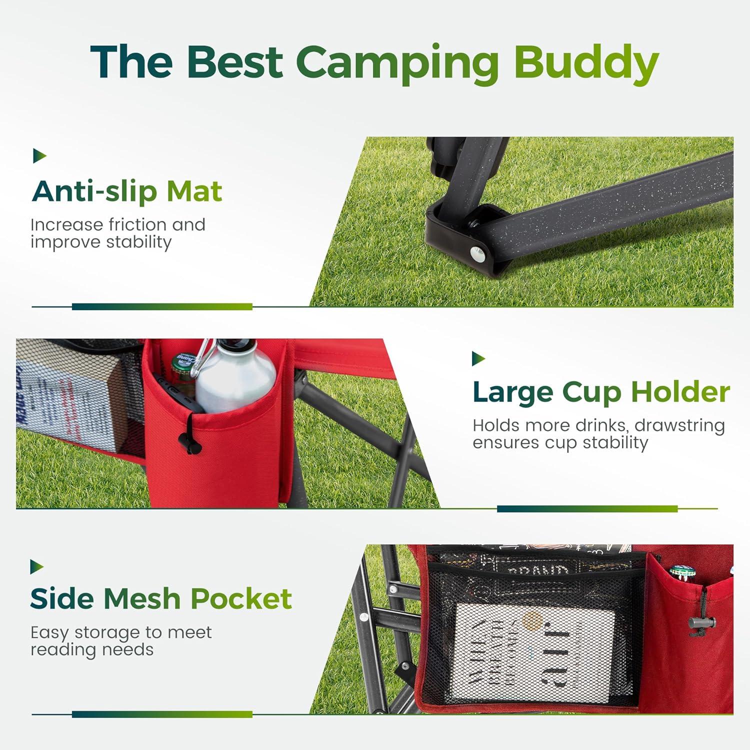 image:imageALPHA CAMP Oversized Folding Camping Chairs High Backrest Heavy Duty Lawn Chairs for Adults Support 500 LBS Portable Camp Chairs with Cup Holders Large Side Pocket for OutdoorRed