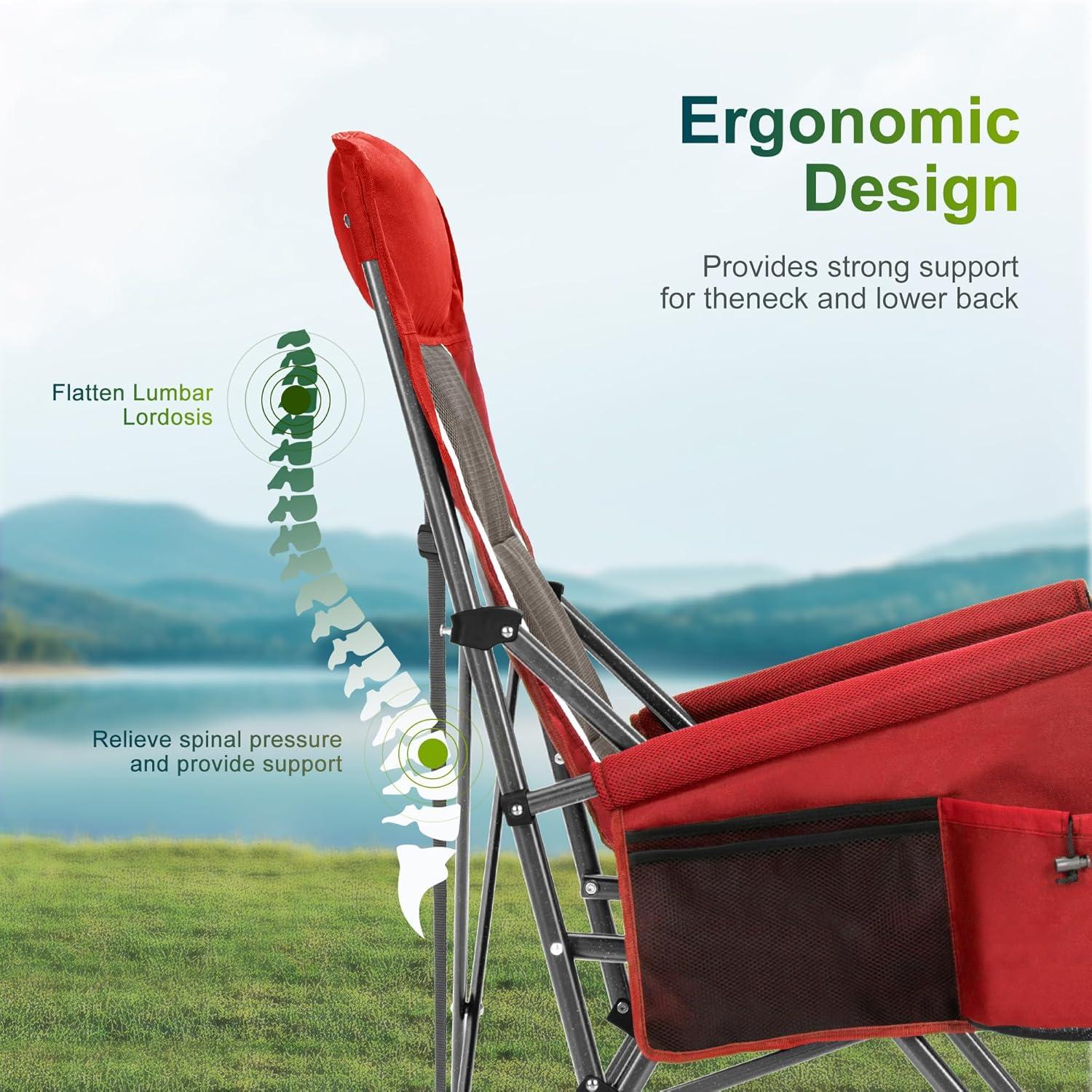 image:imageALPHA CAMP Oversized Folding Camping Chairs High Backrest Heavy Duty Lawn Chairs for Adults Support 500 LBS Portable Camp Chairs with Cup Holders Large Side Pocket for OutdoorRed2