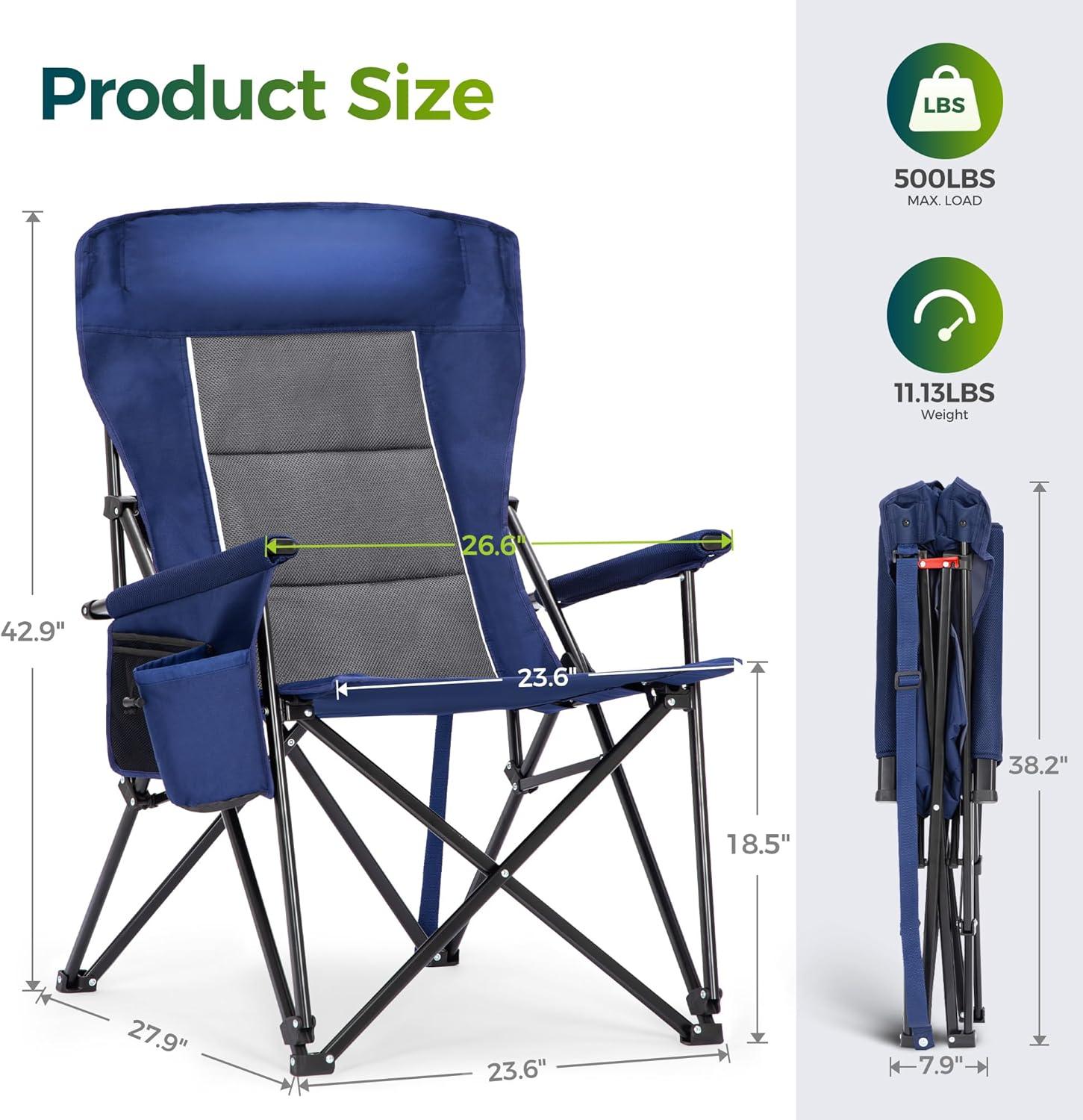 image:imageALPHA CAMP Oversized Folding Camping Chairs High Backrest Heavy Duty Lawn Chairs for Adults Support 500 LBS Portable Camp Chairs with Cup Holders Large Side Pocket for OutdoorNavy Blue